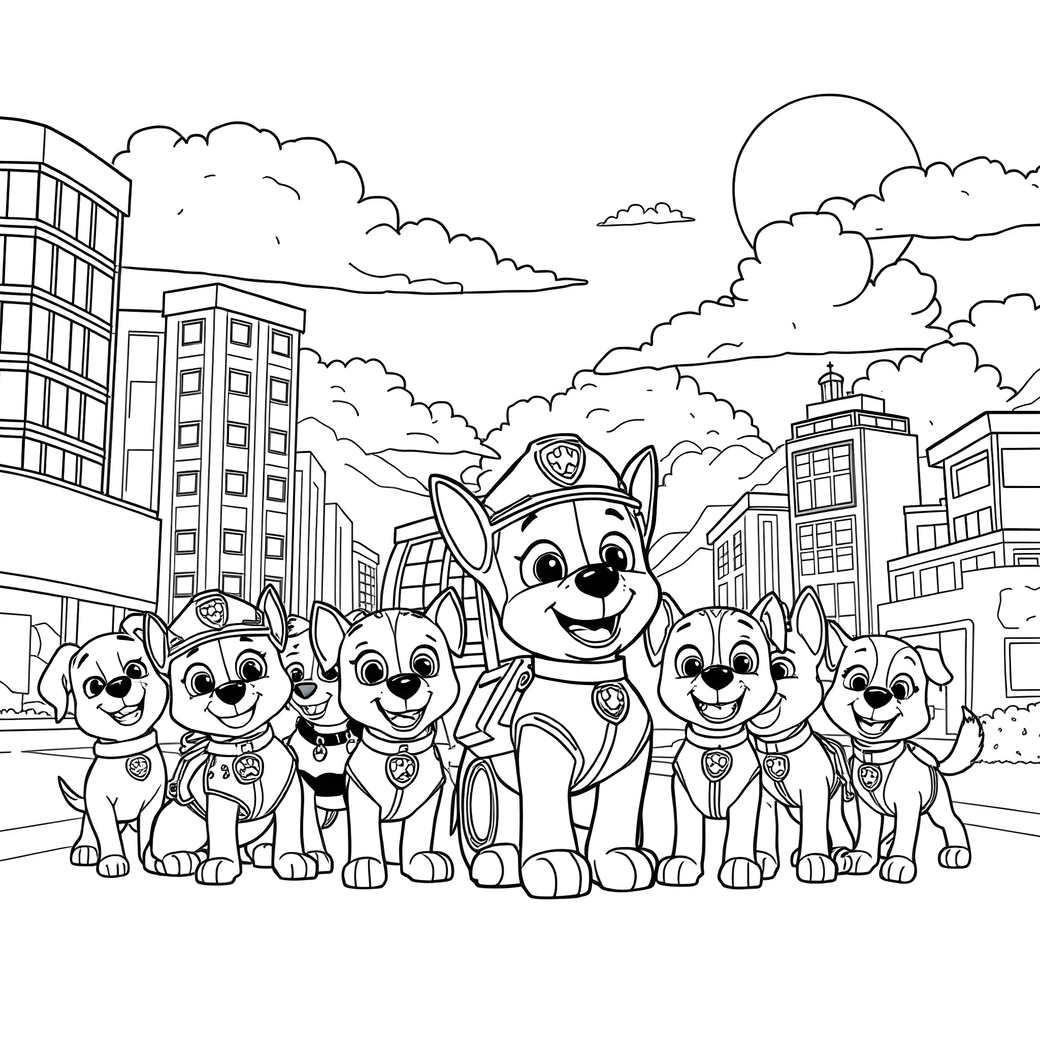 Paw Patrol team exploring the city Coloring Page (free black-and-white line drawing printable PDF for all, from beginners to advanced learners, including children, teens, adults, and seniors)