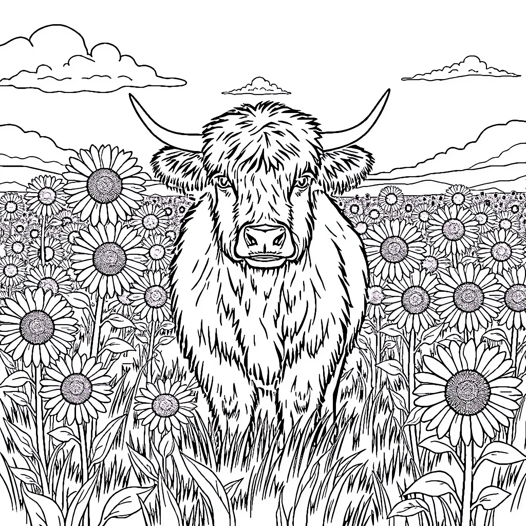 Highland Cow amidst Vibrant Sunflowers Coloring Page (free black-and-white line drawing printable PDF for all, from beginners to advanced learners, including children, teens, adults, and seniors)