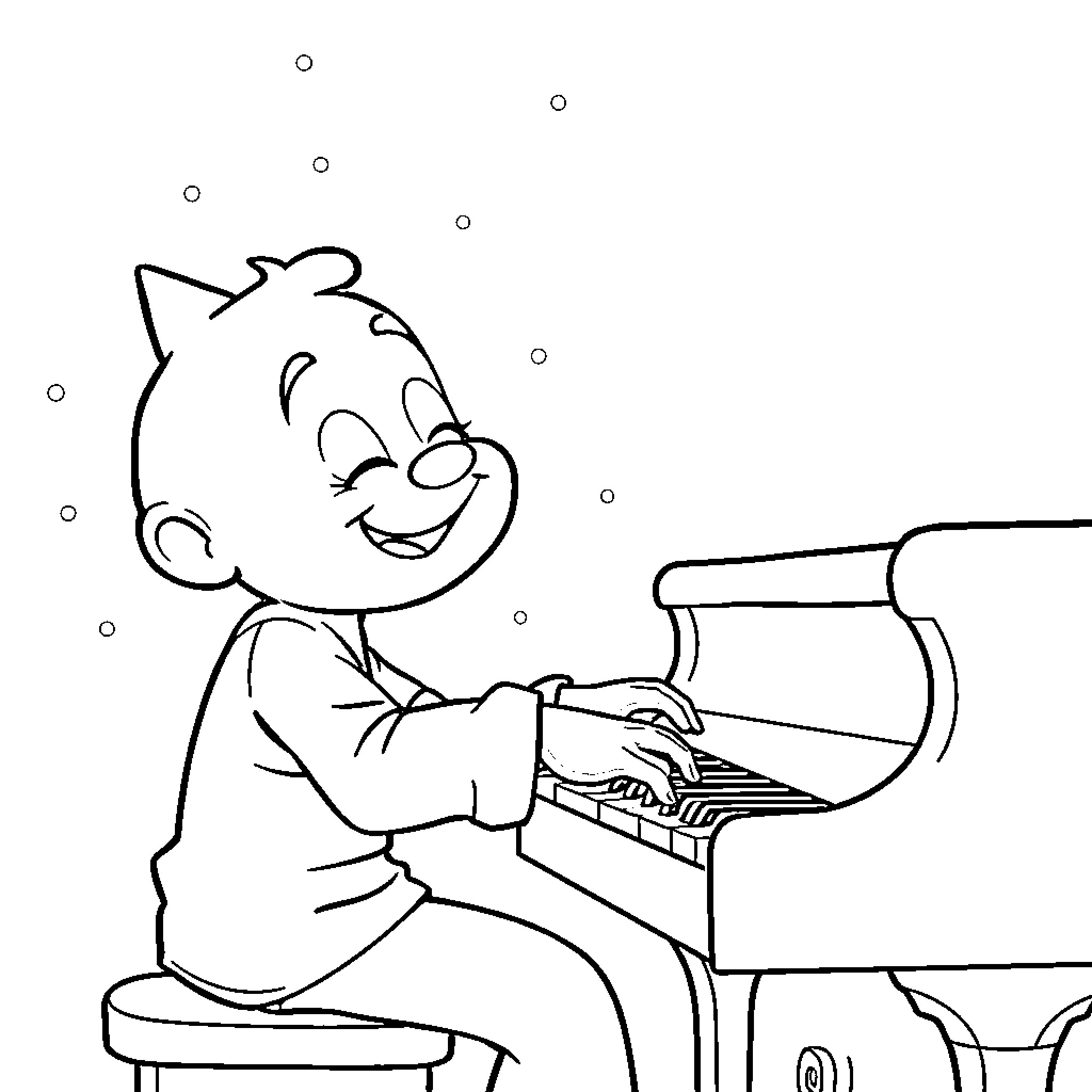 Bluey playing joyfully at the piano Coloring Page (free black-and-white line drawing printable PDF for all, from beginners to advanced learners, including children, teens, adults, and seniors)