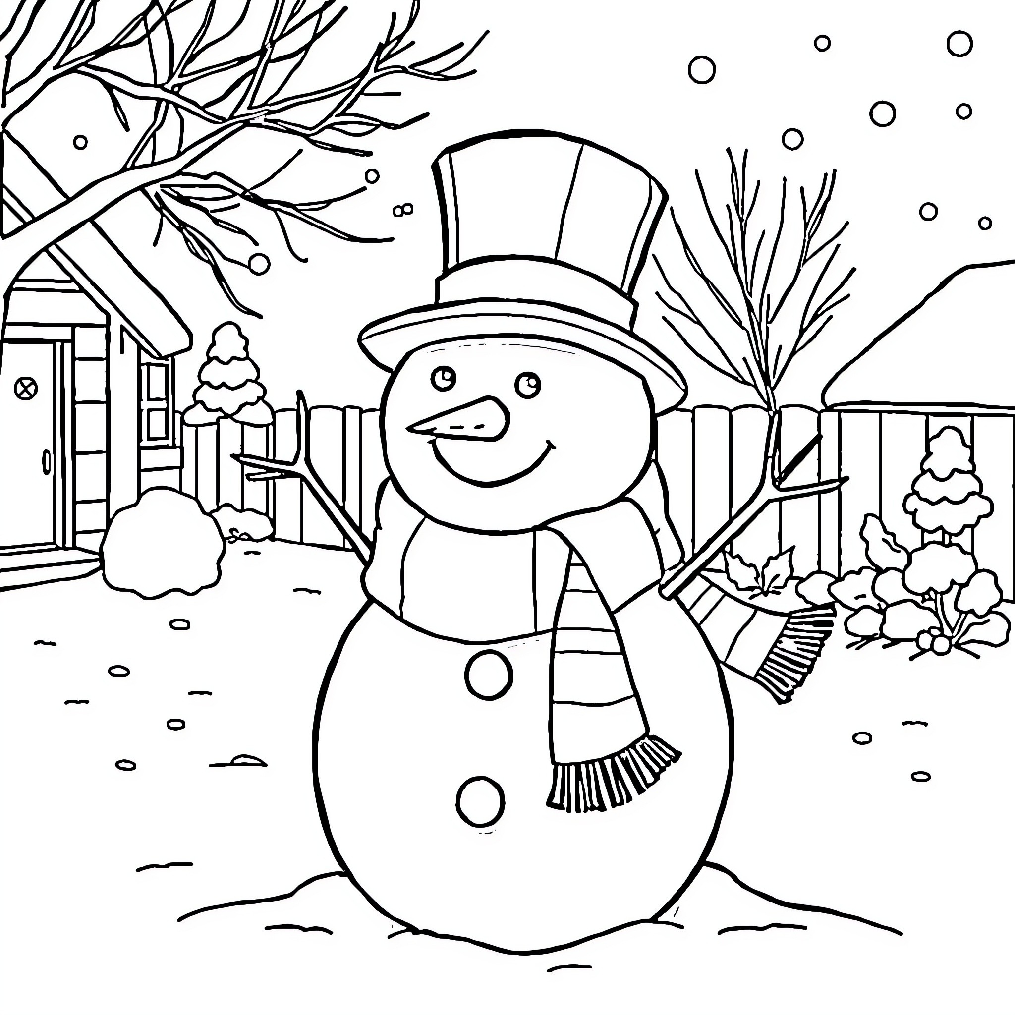 Snowman enjoying a snowy winter day Coloring Page (free black-and-white line drawing printable PDF for all, from beginners to advanced learners, including children, teens, adults, and seniors)