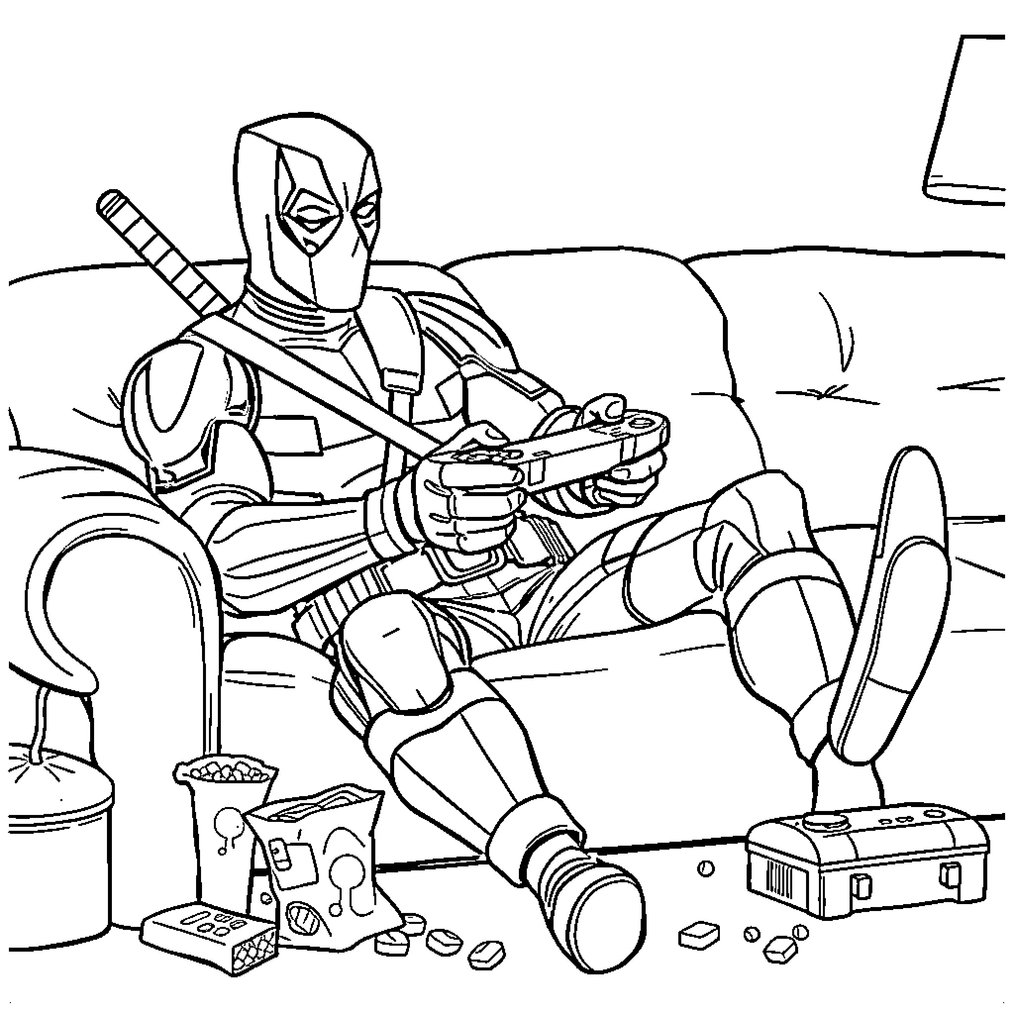 Deadpool relaxing and enjoying snacks after a mission Coloring Page (free black-and-white line drawing printable PDF for all, from beginners to advanced learners, including children, teens, adults, and seniors)