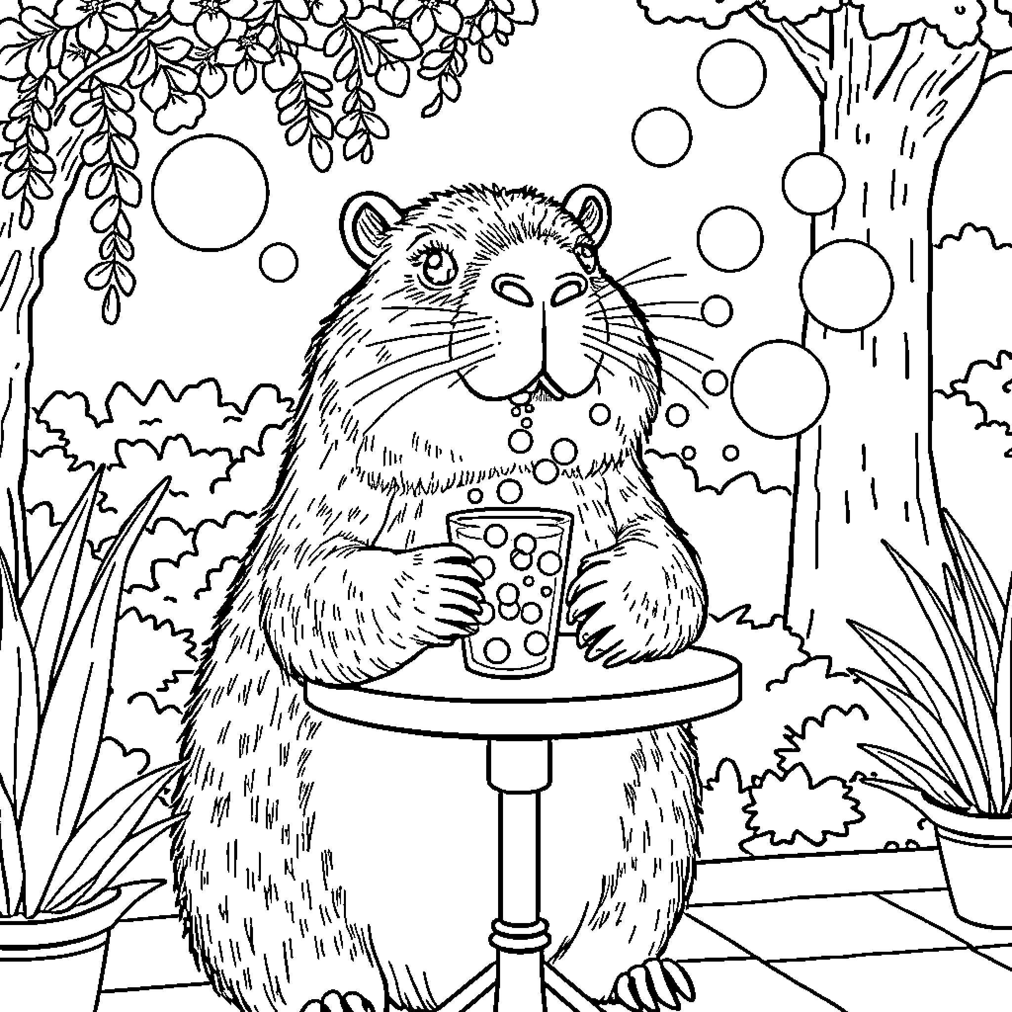 Capybara enjoying a beverage in the garden Coloring Page (free black-and-white line drawing printable PDF for all, from beginners to advanced learners, including children, teens, adults, and seniors)