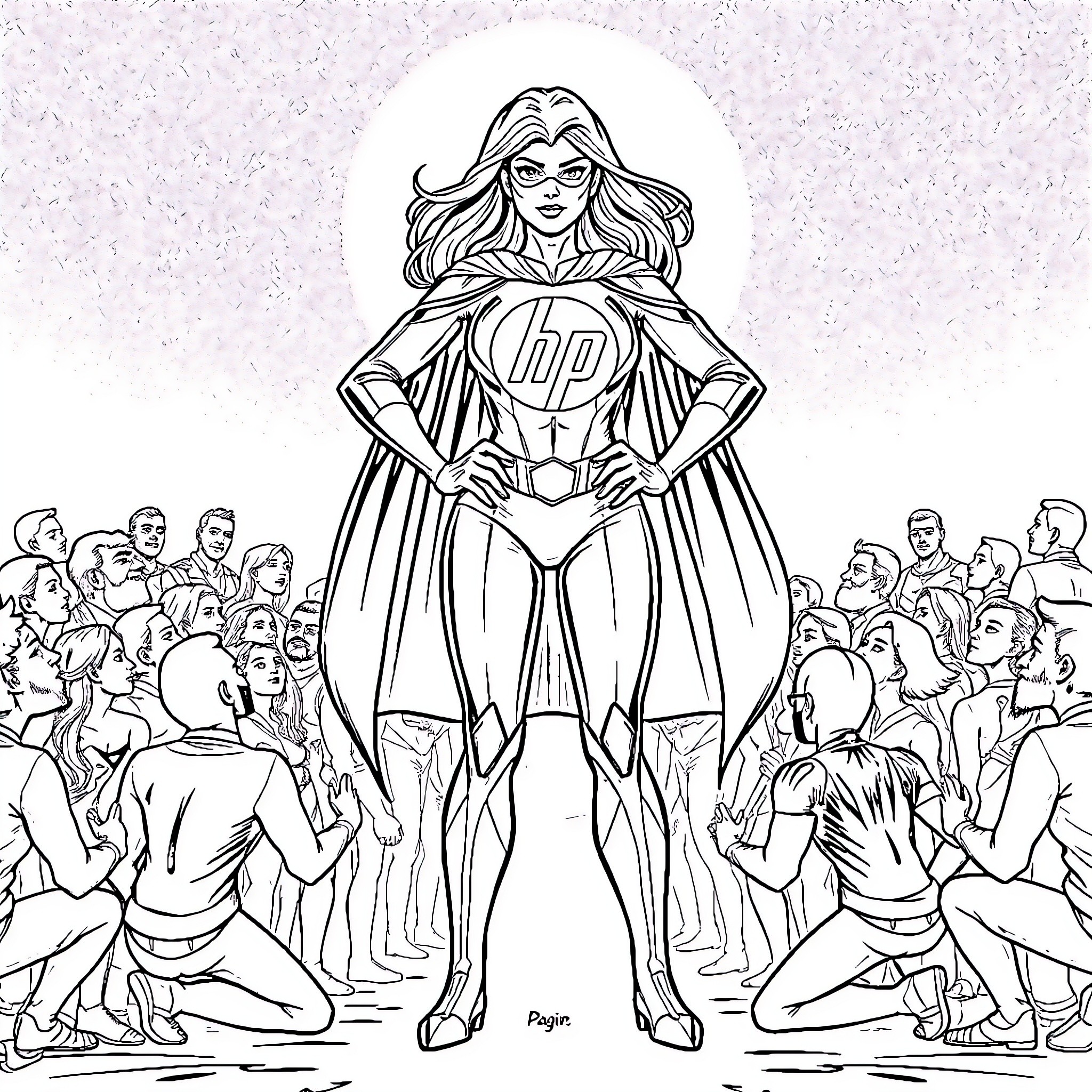 Superhero Heroine Inspiring Adoring Crowd Coloring Page (free black-and-white line drawing printable PDF for all, from beginners to advanced learners, including children, teens, adults, and seniors)