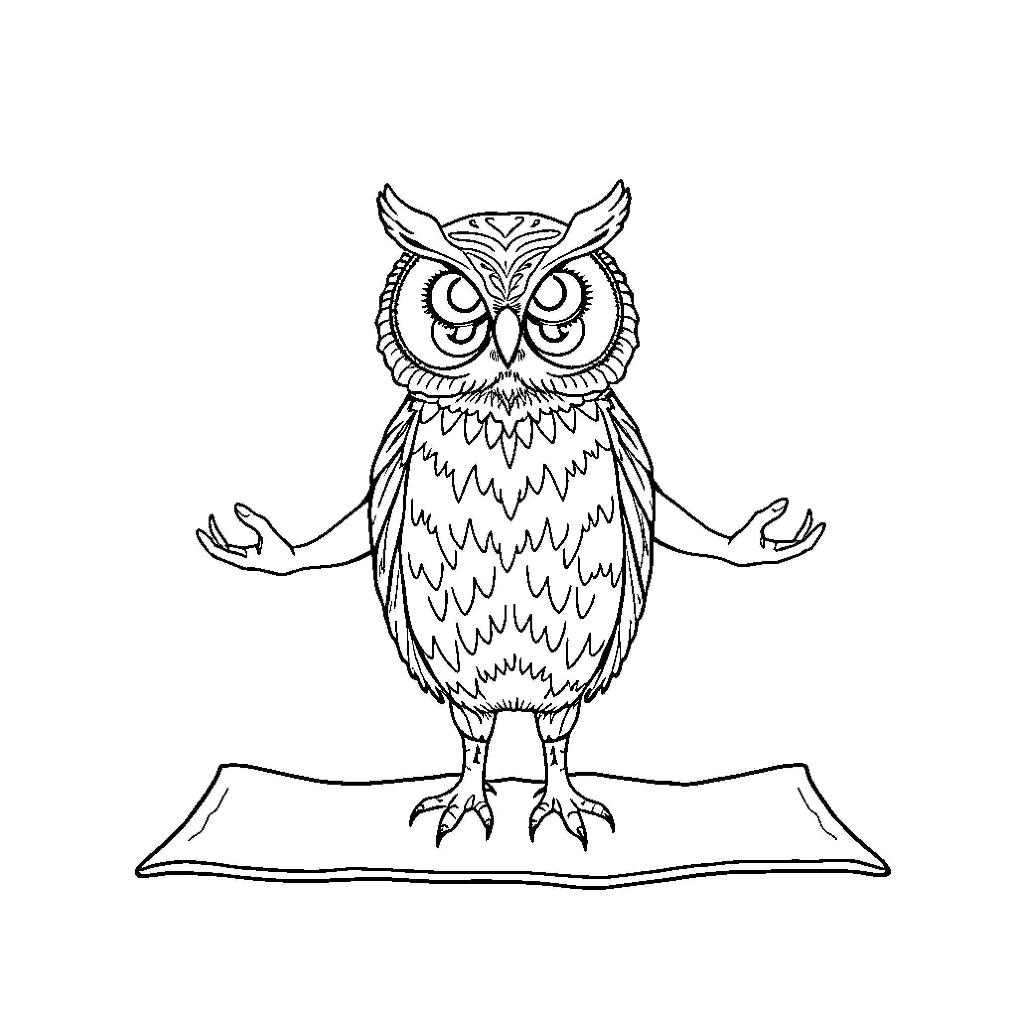 Owl meditating on a magic carpet Coloring Page (free black-and-white line drawing printable PDF for all, from beginners to advanced learners, including children, teens, adults, and seniors)