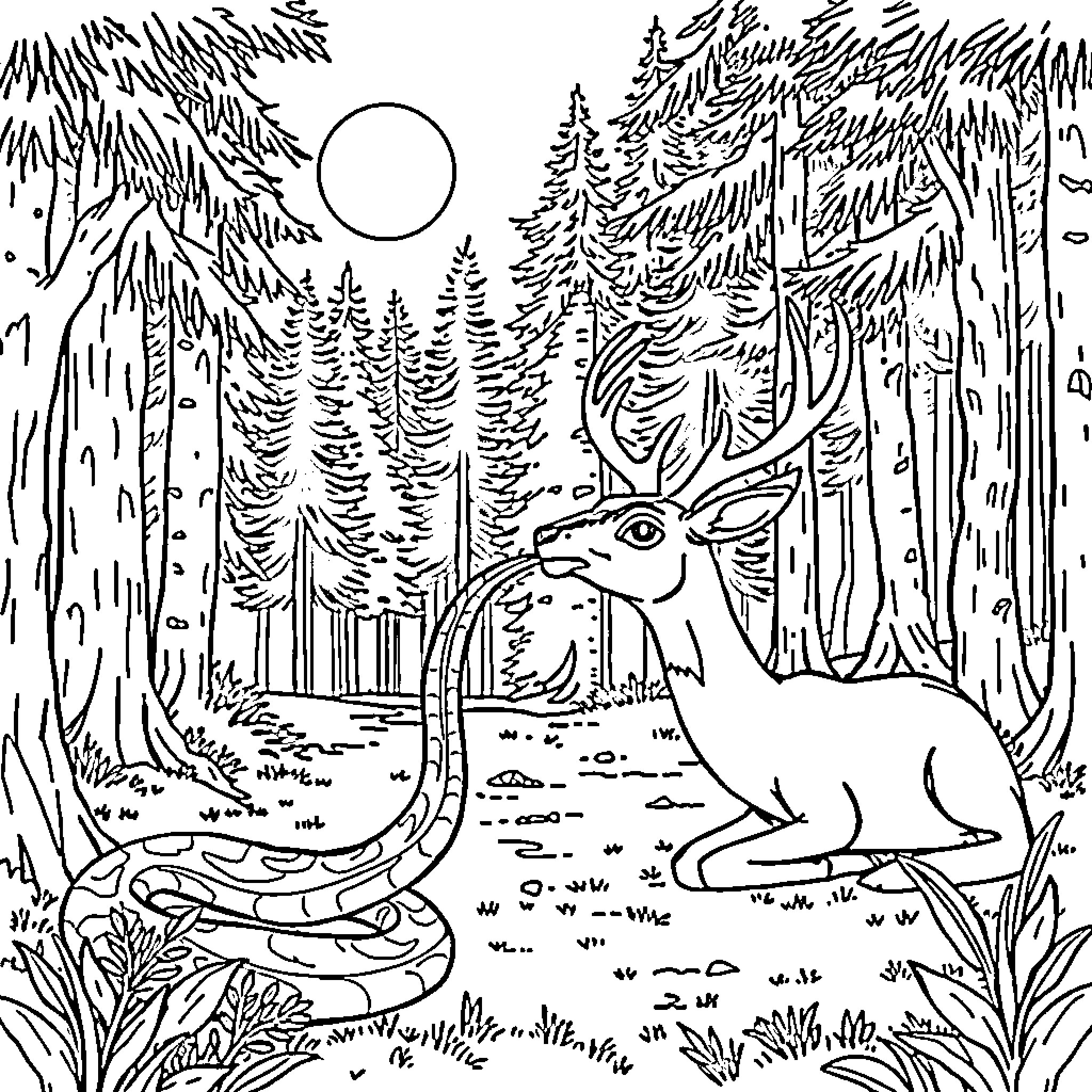 Snake and deer in mystical forest landscape Coloring Page (free black-and-white line drawing printable PDF for all, from beginners to advanced learners, including children, teens, adults, and seniors)