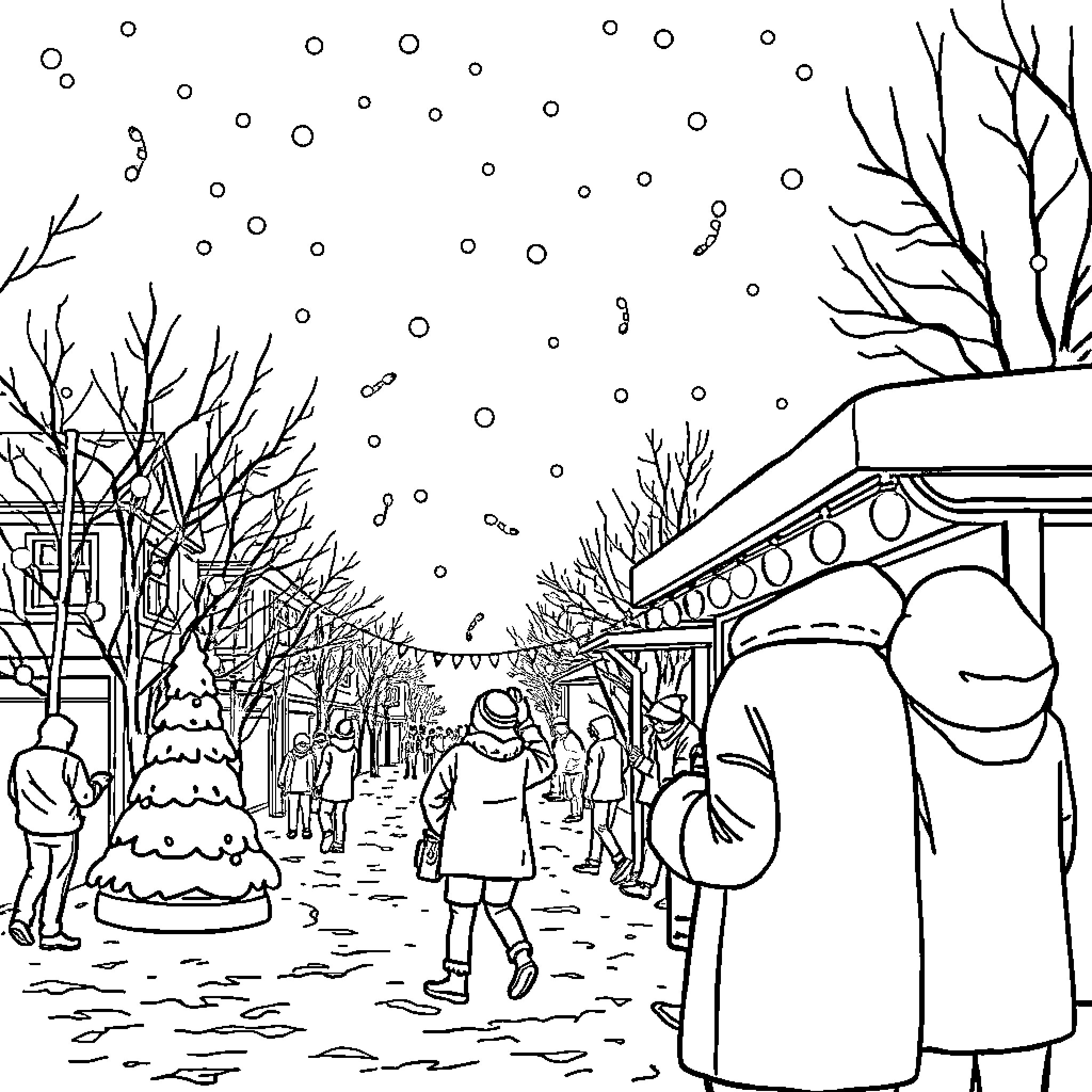 K Pop Winter Wonderland: Snowy Market Scene Coloring Page (free black-and-white line drawing printable PDF for all, from beginners to advanced learners, including children, teens, adults, and seniors)