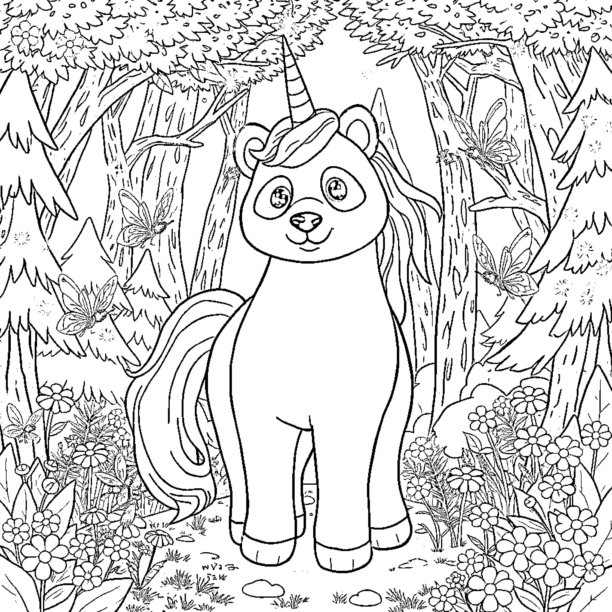 Unicorn Panda exploring the enchanted forest Coloring Page (free black-and-white line drawing printable PDF for all, from beginners to advanced learners, including children, teens, adults, and seniors)