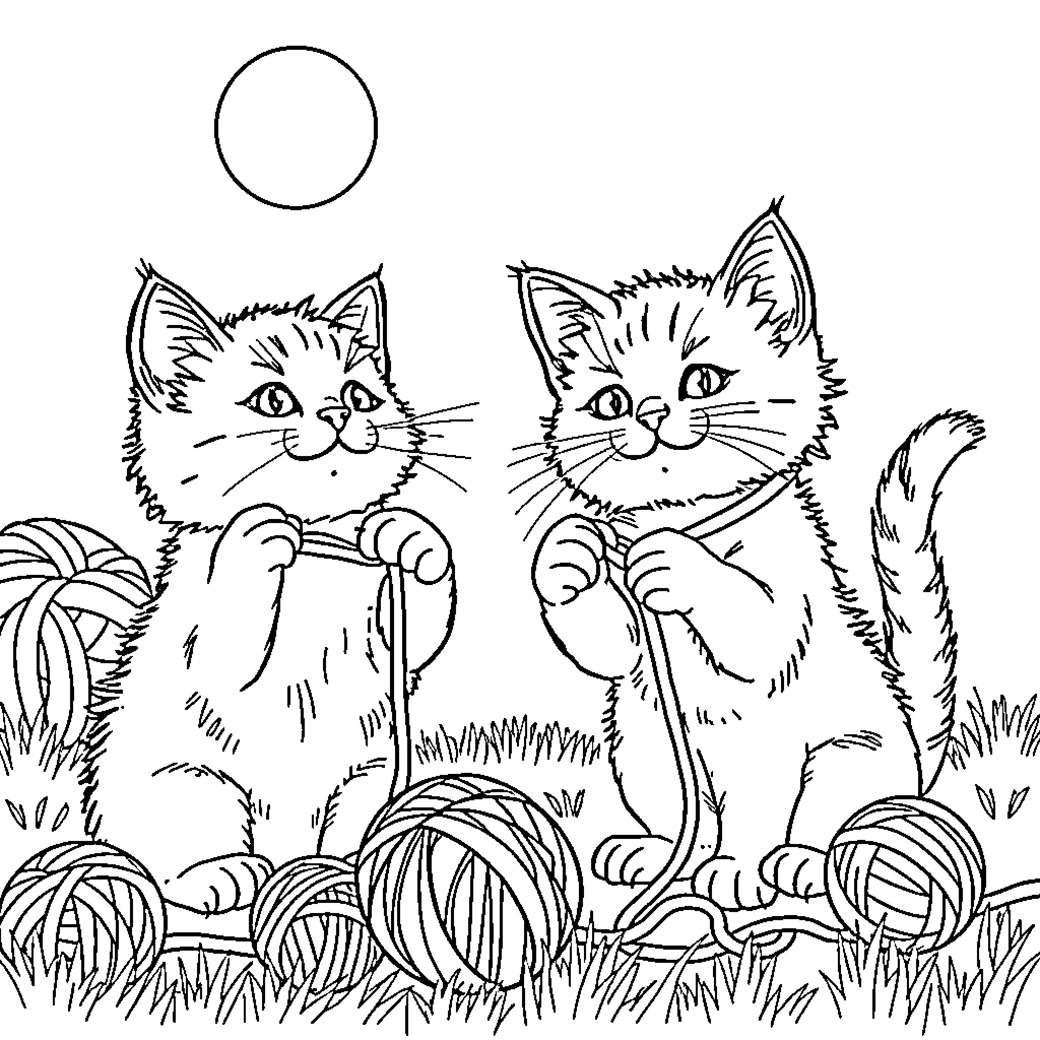 Kitty cats playing with yarn in the meadow Coloring Page (free black-and-white line drawing printable PDF for all, from beginners to advanced learners, including children, teens, adults, and seniors)
