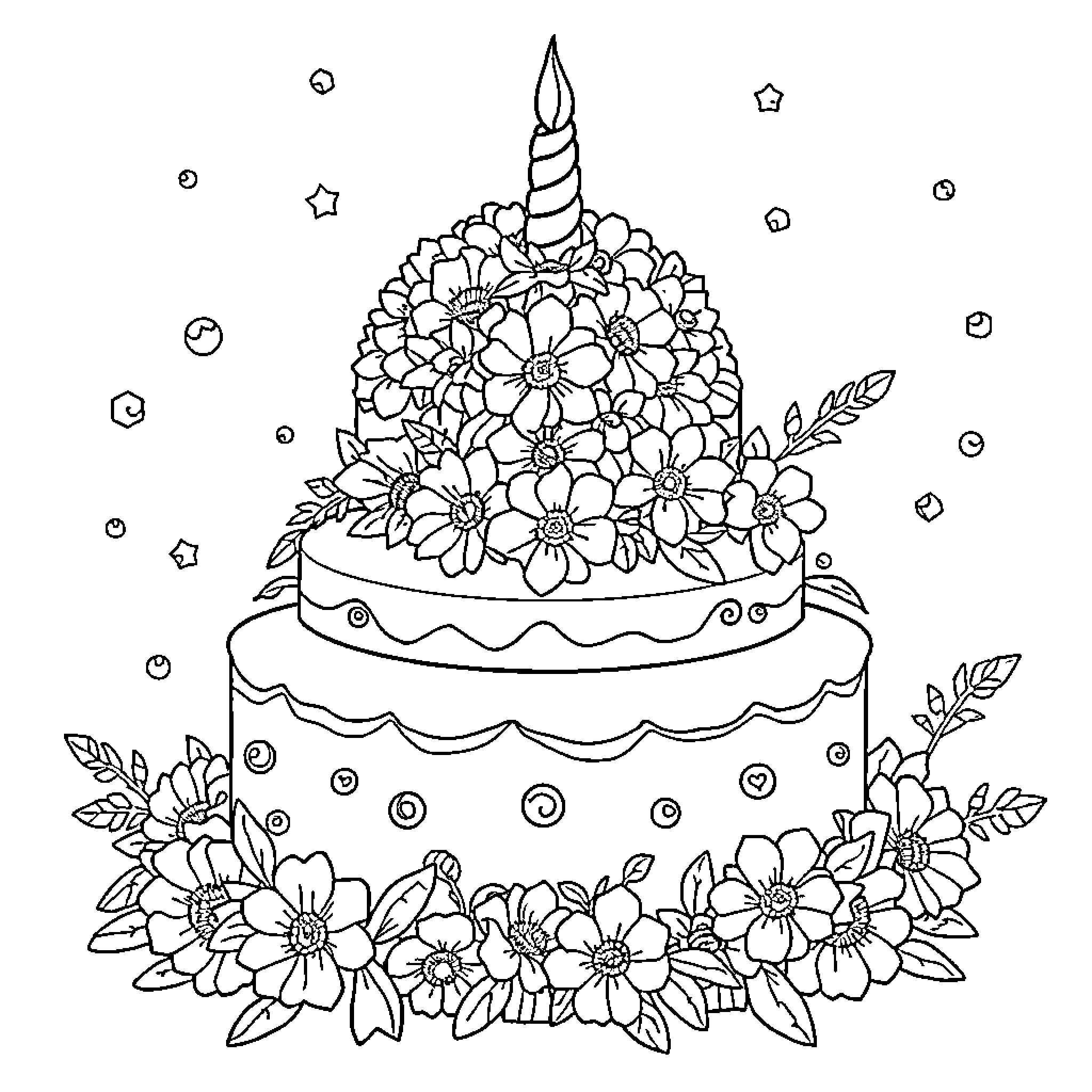 Unicorn floral birthday cake with decorative elements Coloring Page (free black-and-white line drawing printable PDF for all, from beginners to advanced learners, including children, teens, adults, and seniors)