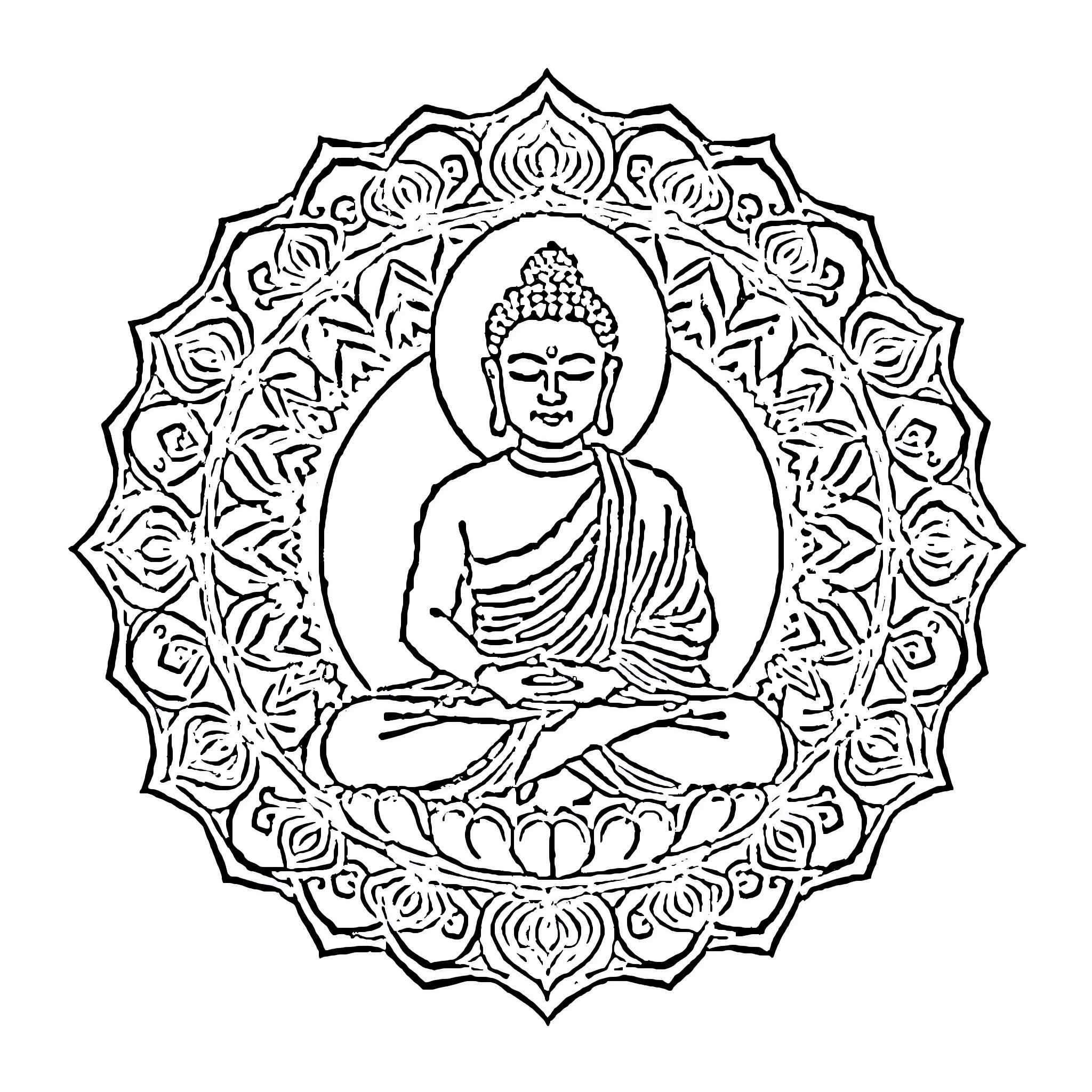 Buddha seated in ornate mandala frame Coloring Page (free black-and-white line drawing printable PDF for all, from beginners to advanced learners, including children, teens, adults, and seniors)