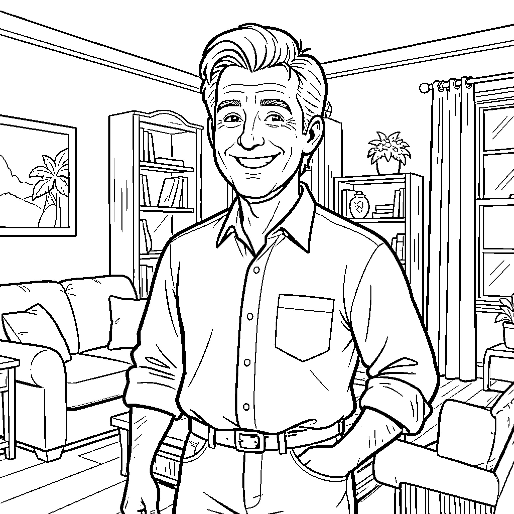 Al Bundy relaxing comfortably in his living room Coloring Page (free black-and-white line drawing printable PDF for all, from beginners to advanced learners, including children, teens, adults, and seniors)