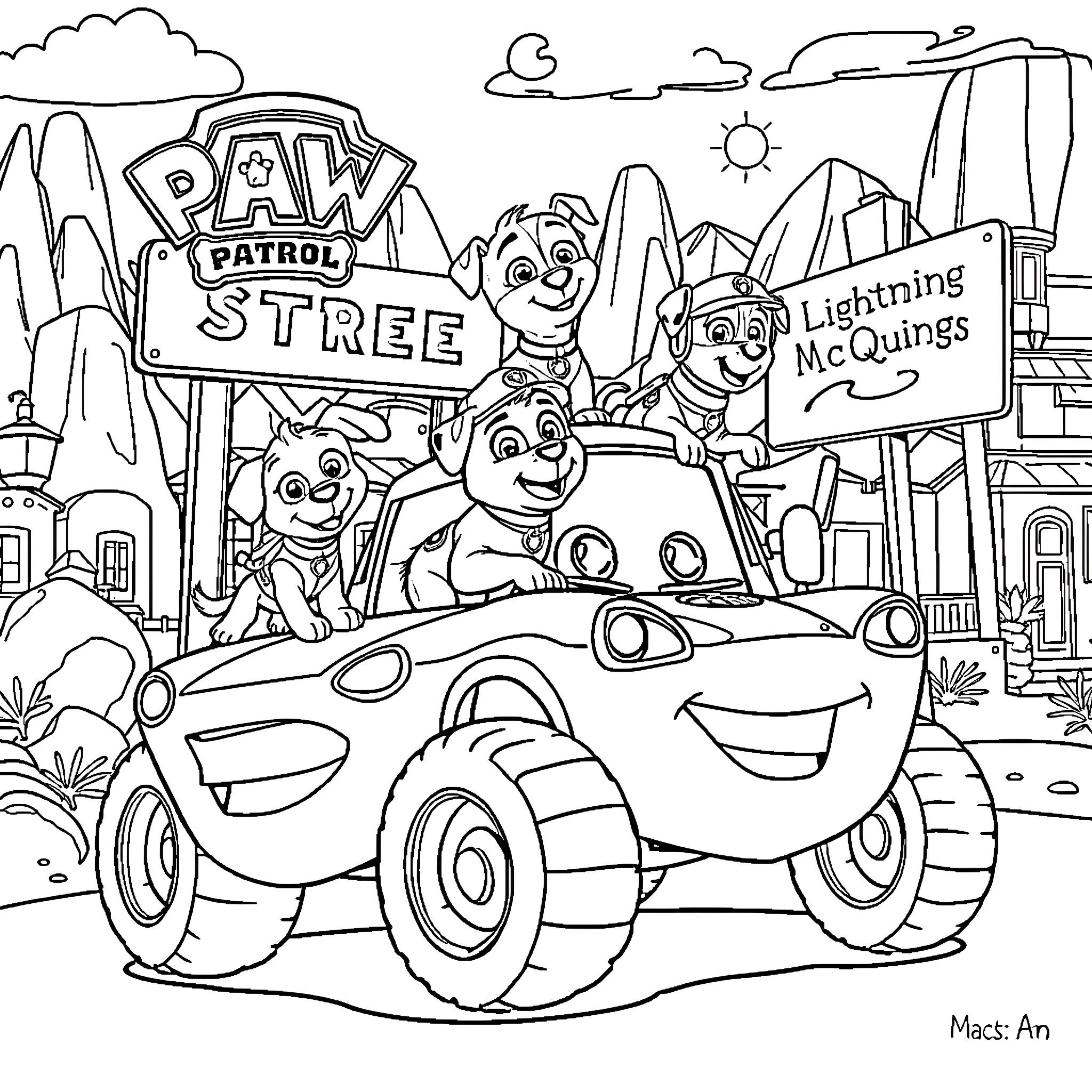 Dog Patrol Team Riding in Colorful Car Coloring Page (free black-and-white line drawing printable PDF for all, from beginners to advanced learners, including children, teens, adults, and seniors)