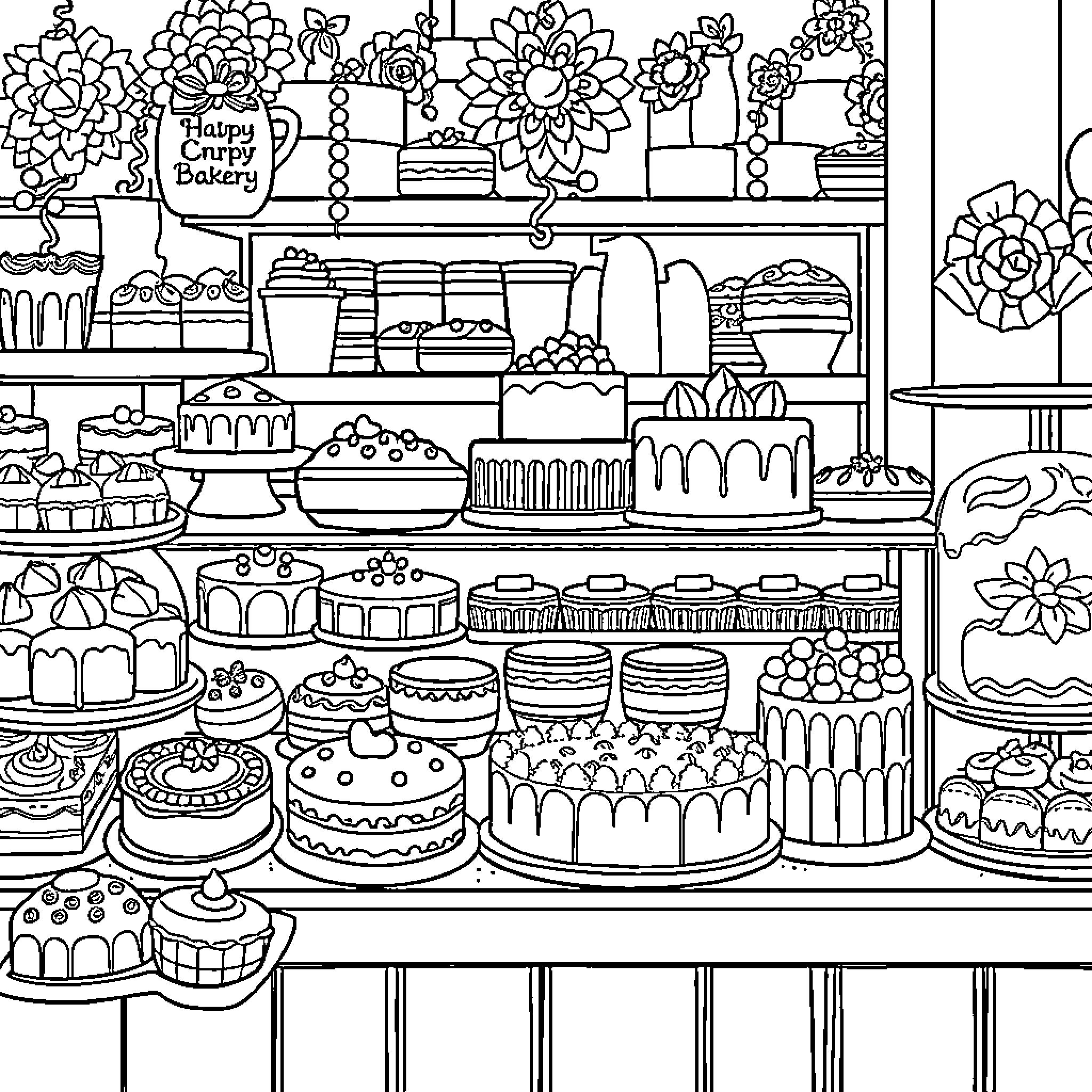 Bakery Shelves Filled with Delectable Treats Coloring Page (free black-and-white line drawing printable PDF for all, from beginners to advanced learners, including children, teens, adults, and seniors)