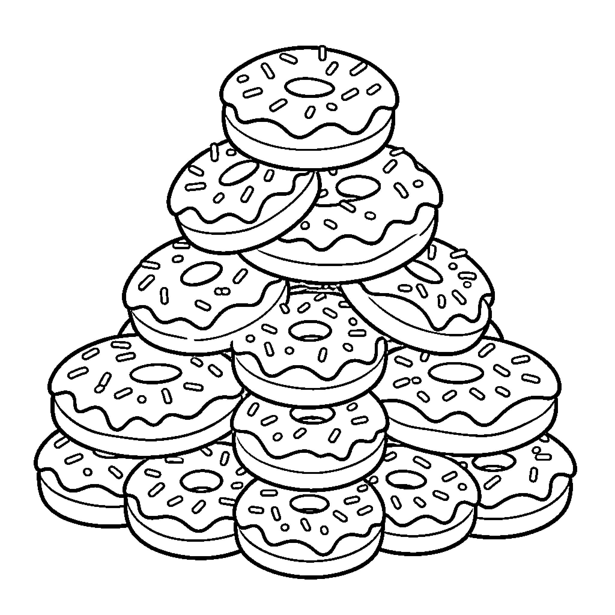 Donut stack piled high in a large pyramid Coloring Page (free black-and-white line drawing printable PDF for all, from beginners to advanced learners, including children, teens, adults, and seniors)