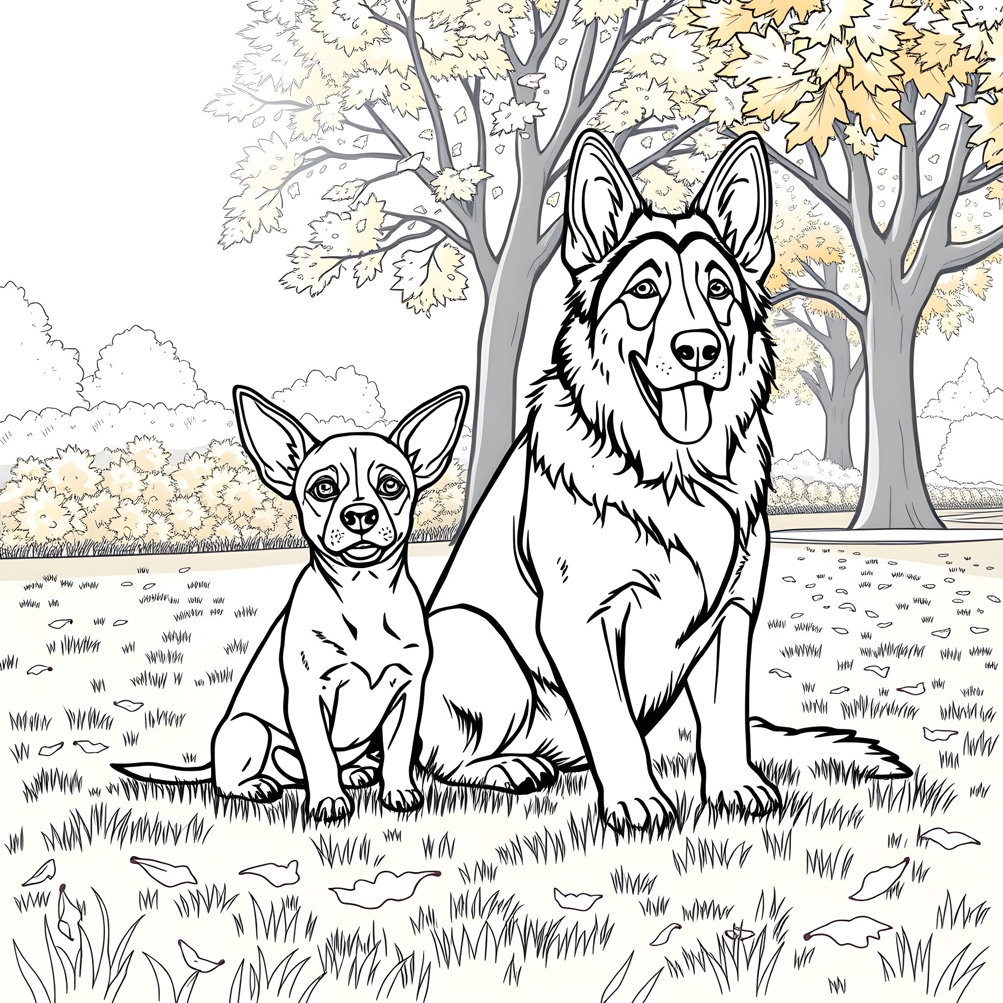 Dog companions enjoying autumn scenery Coloring Page (free black-and-white line drawing printable PDF for all, from beginners to advanced learners, including children, teens, adults, and seniors)