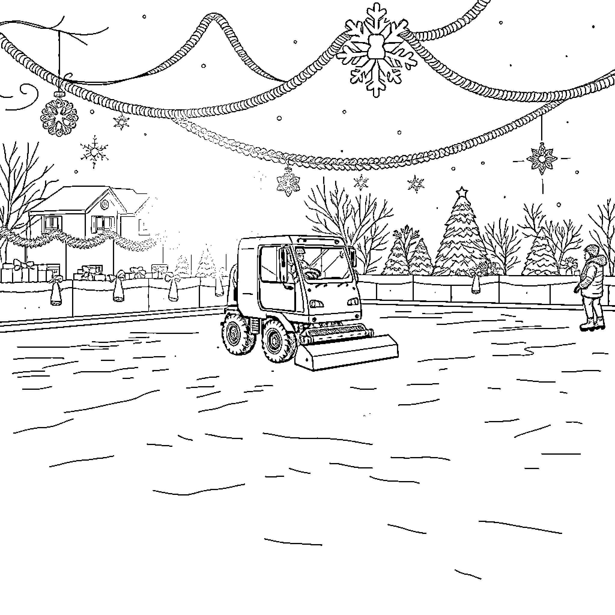 Zamboni clearing snow in festive winter scene Coloring Page (free black-and-white line drawing printable PDF for all, from beginners to advanced learners, including children, teens, adults, and seniors)