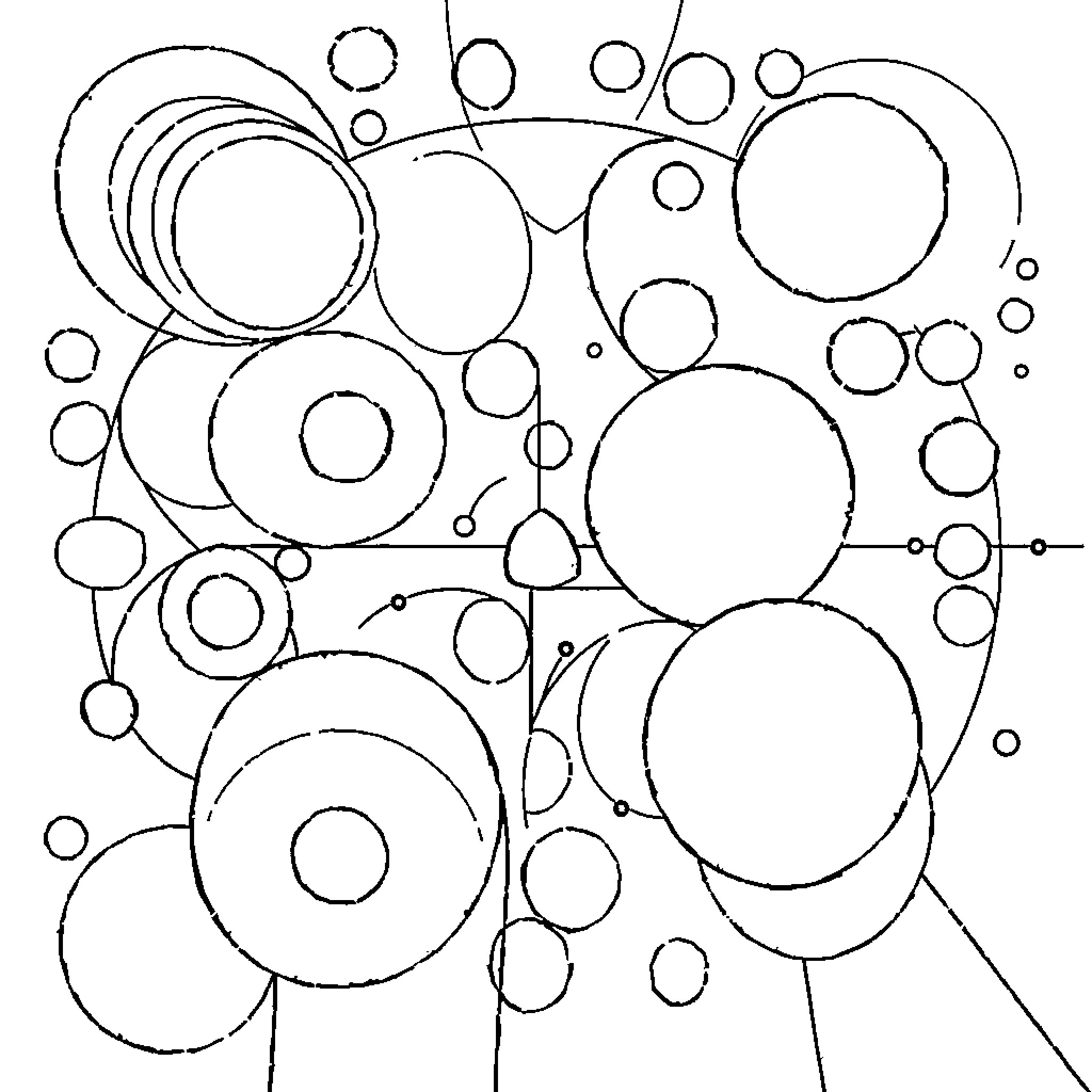 Kandinsky's Abstract Composition of Geometric Shapes Coloring Page (free black-and-white line drawing printable PDF for all, from beginners to advanced learners, including children, teens, adults, and seniors)