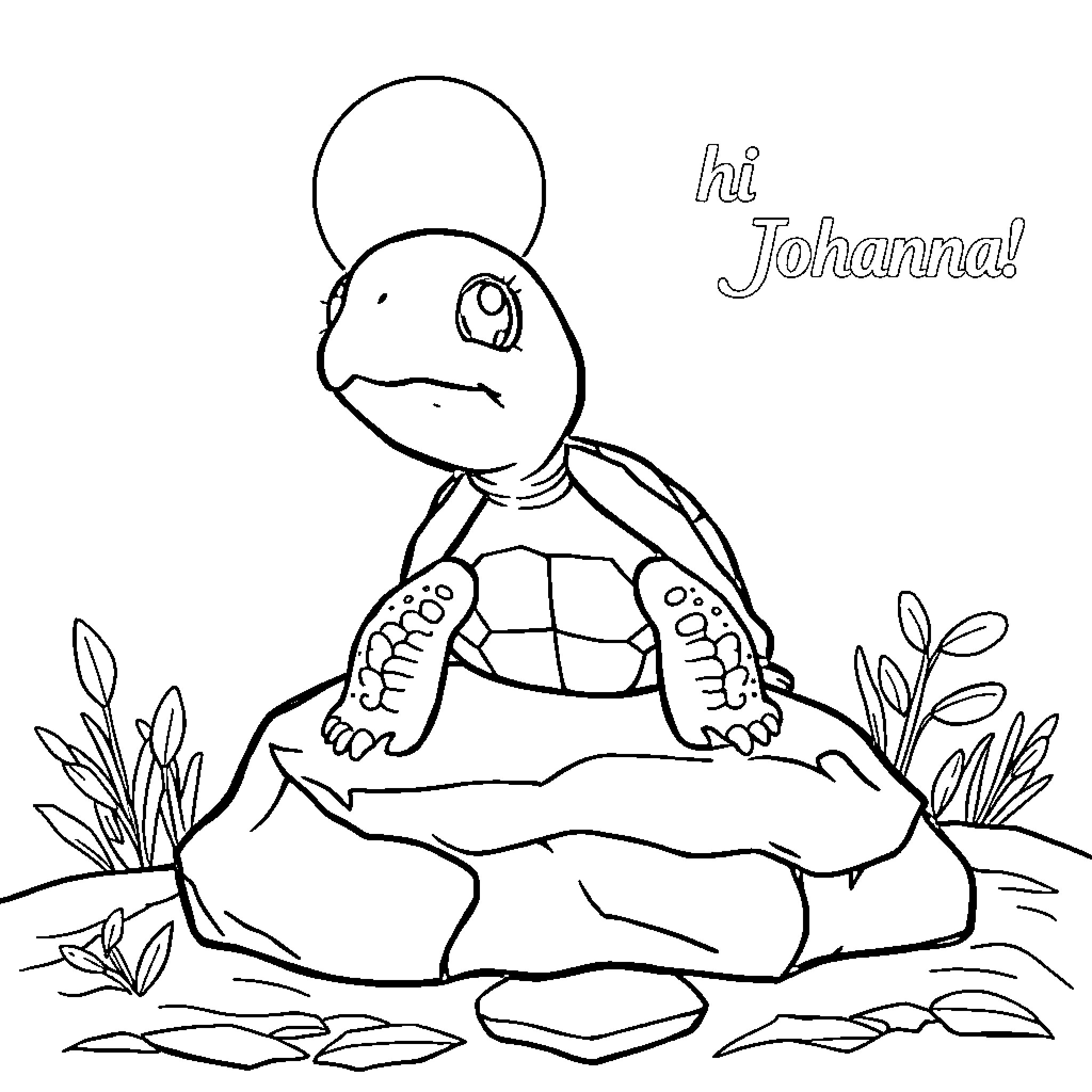 Baby Turtle waving and greeting Johanna Coloring Page (free black-and-white line drawing printable PDF for all, from beginners to advanced learners, including children, teens, adults, and seniors)