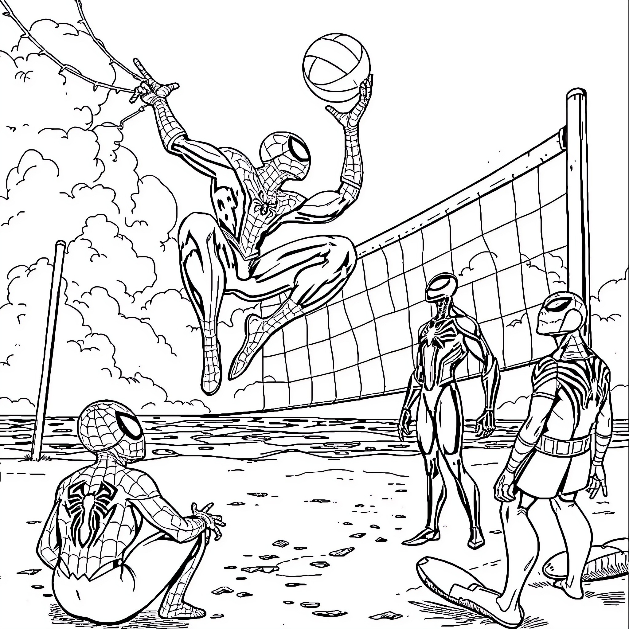 Spiderman playing volleyball with superheroes Coloring Page (free black-and-white line drawing printable PDF for all, from beginners to advanced learners, including children, teens, adults, and seniors)
