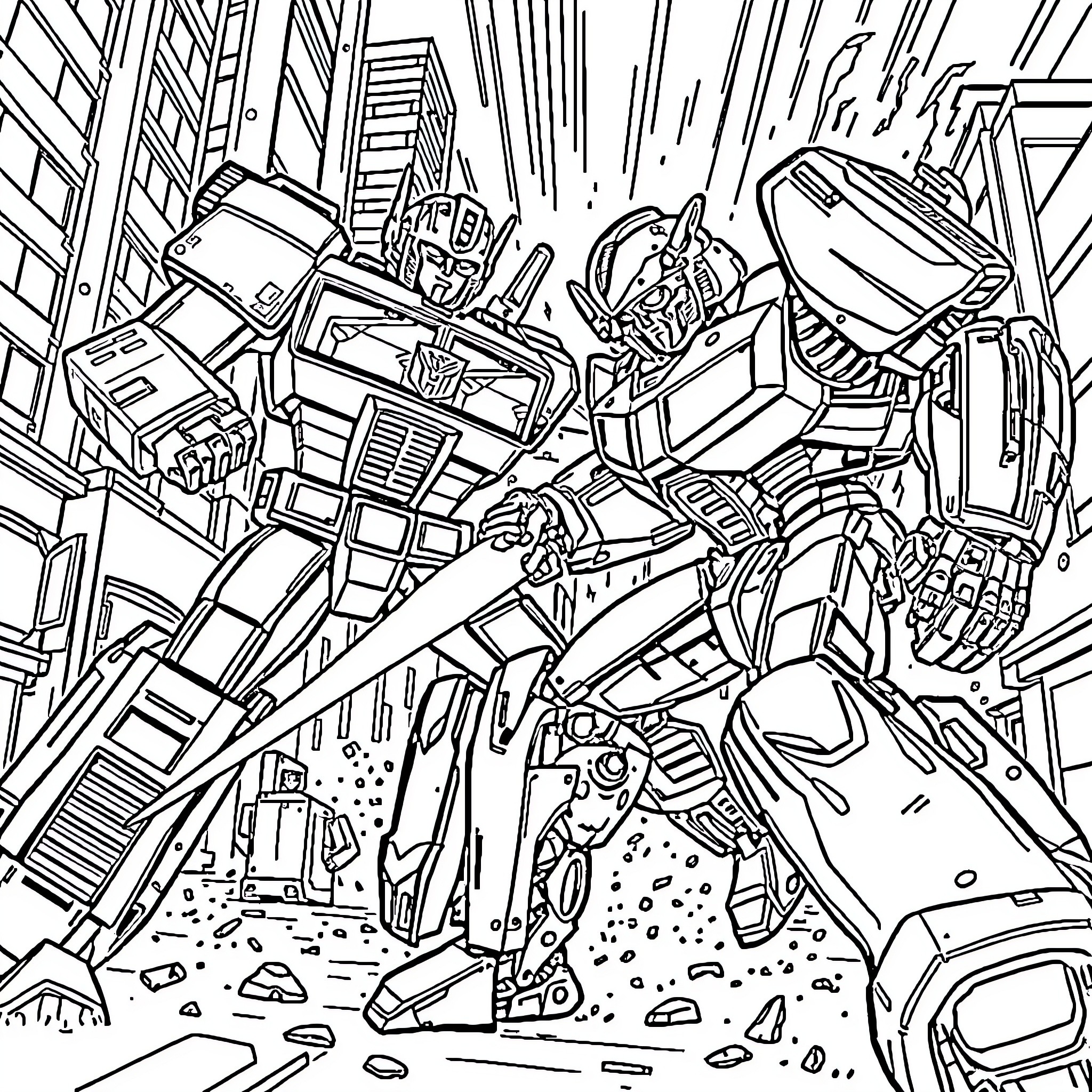 Optimus Prime leading an action-packed battle in the city Coloring Page (free black-and-white line drawing printable PDF for all, from beginners to advanced learners, including children, teens, adults, and seniors)