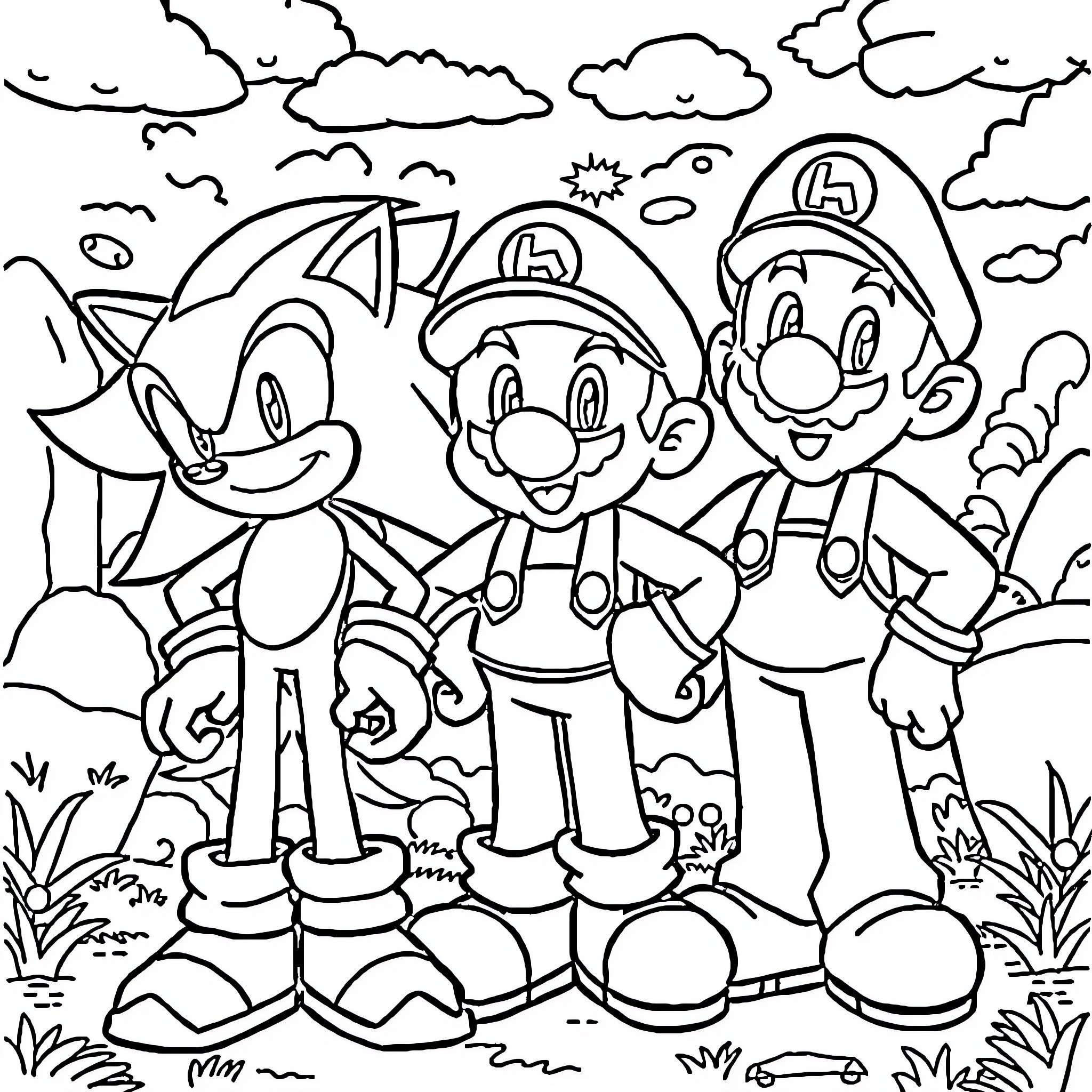 Sonic and his friends on an adventure Coloring Page (free black-and-white line drawing printable PDF for all, from beginners to advanced learners, including children, teens, adults, and seniors)