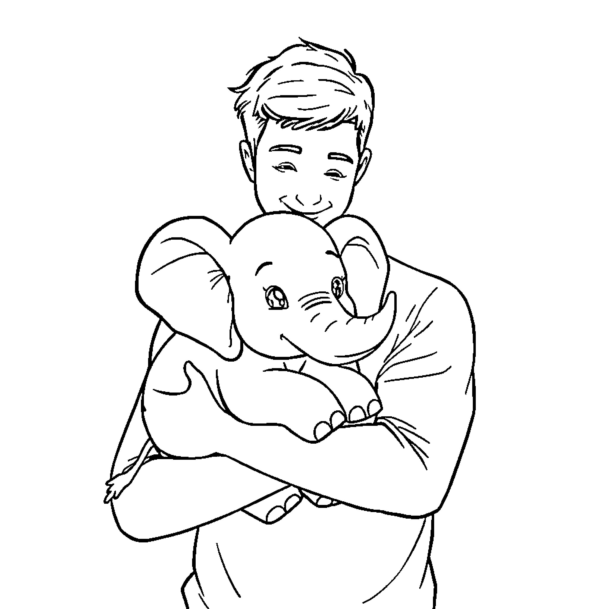 Man embracing a young elephant with affection Coloring Page (free black-and-white line drawing printable PDF for all, from beginners to advanced learners, including children, teens, adults, and seniors)