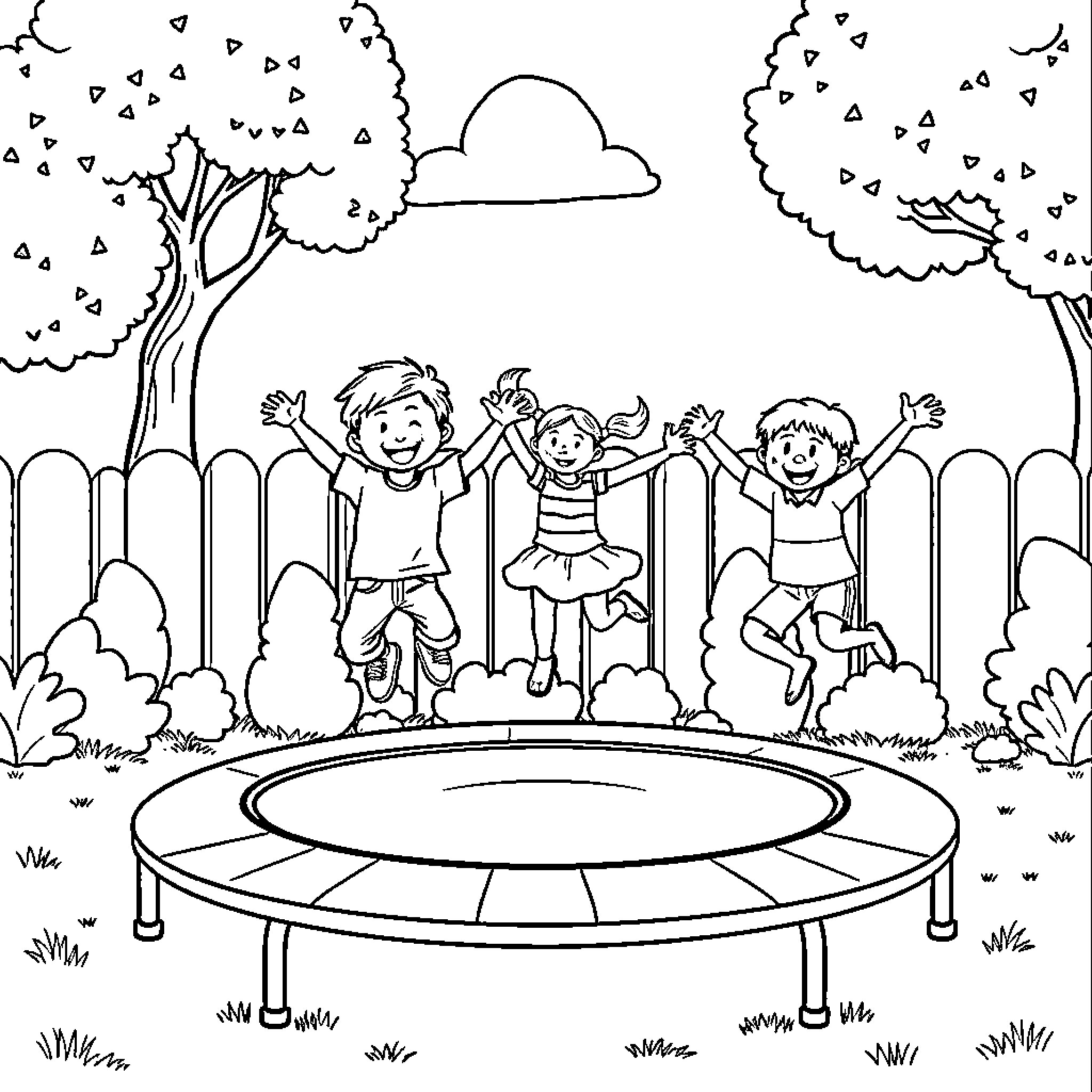 Children playing joyfully on trampoline in park Coloring Page (free black-and-white line drawing printable PDF for all, from beginners to advanced learners, including children, teens, adults, and seniors)