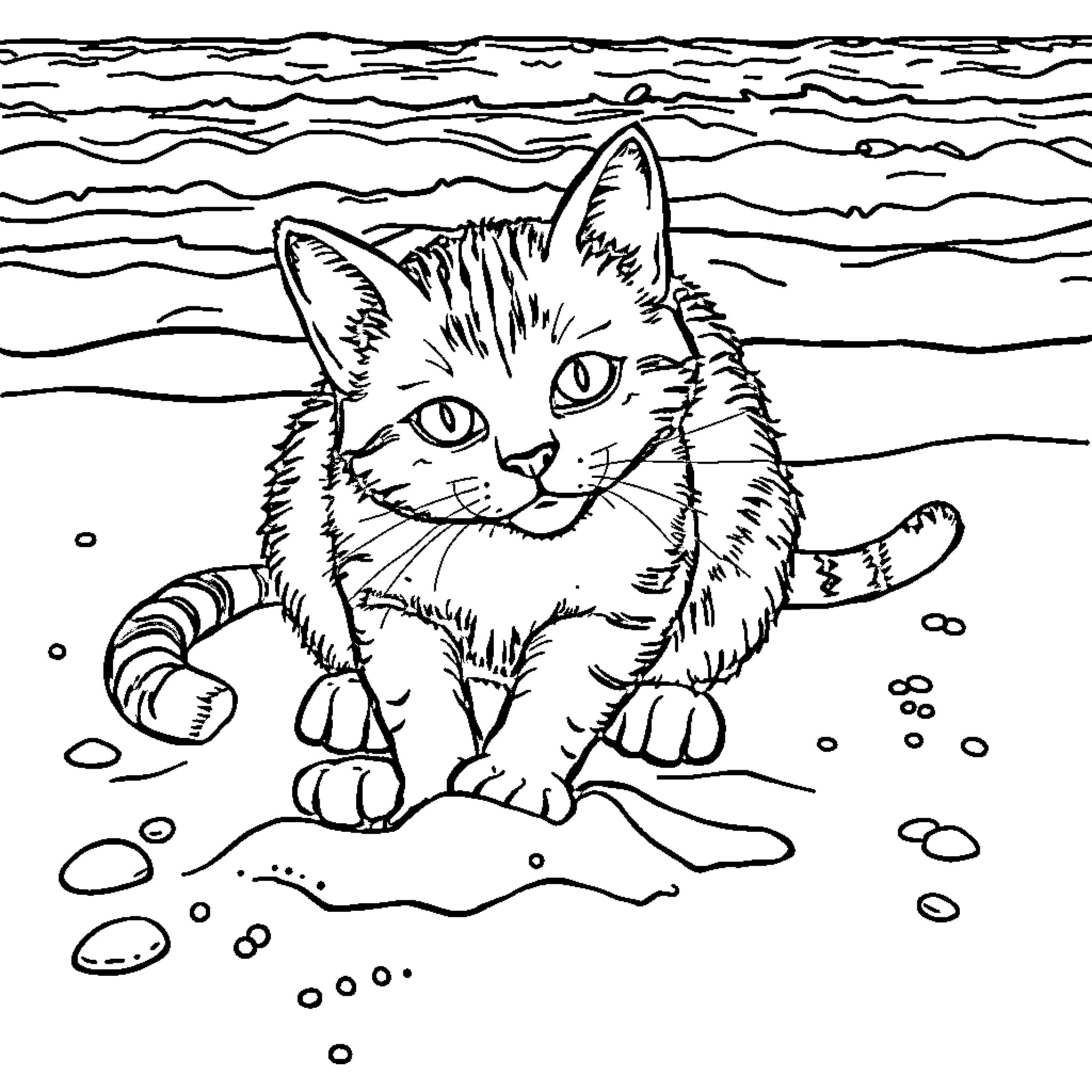 Cat on a snowy landscape Coloring Page (free black-and-white line drawing printable PDF for all, from beginners to advanced learners, including children, teens, adults, and seniors)