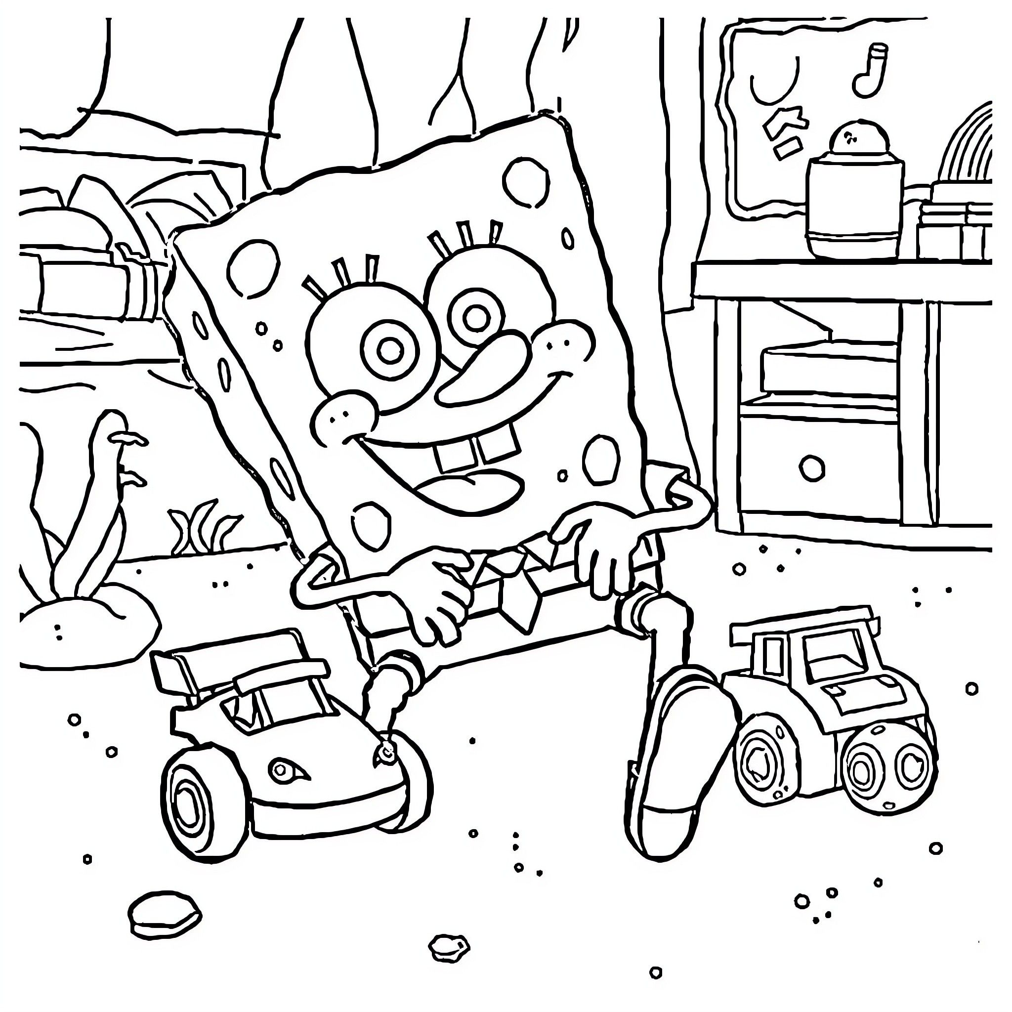 Spongebob's Whimsical Adventure with Toys Coloring Page (free black-and-white line drawing printable PDF for all, from beginners to advanced learners, including children, teens, adults, and seniors)