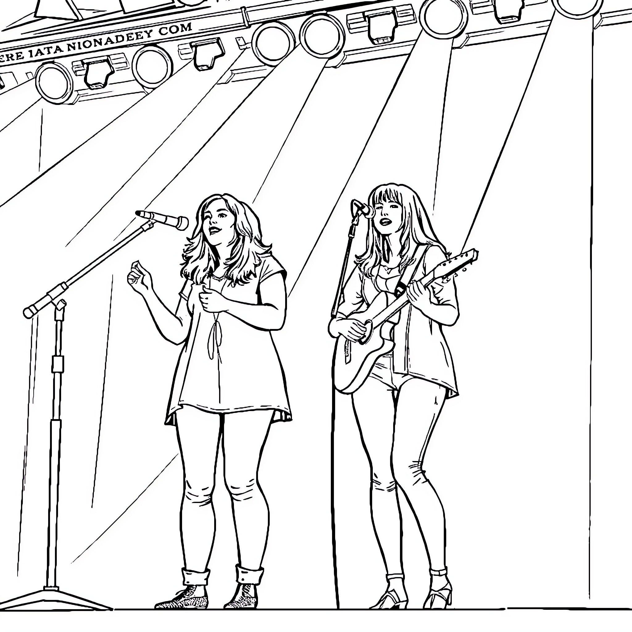Amy Ray's Energetic Performance on Stage Coloring Page (free black-and-white line drawing printable PDF for all, from beginners to advanced learners, including children, teens, adults, and seniors)