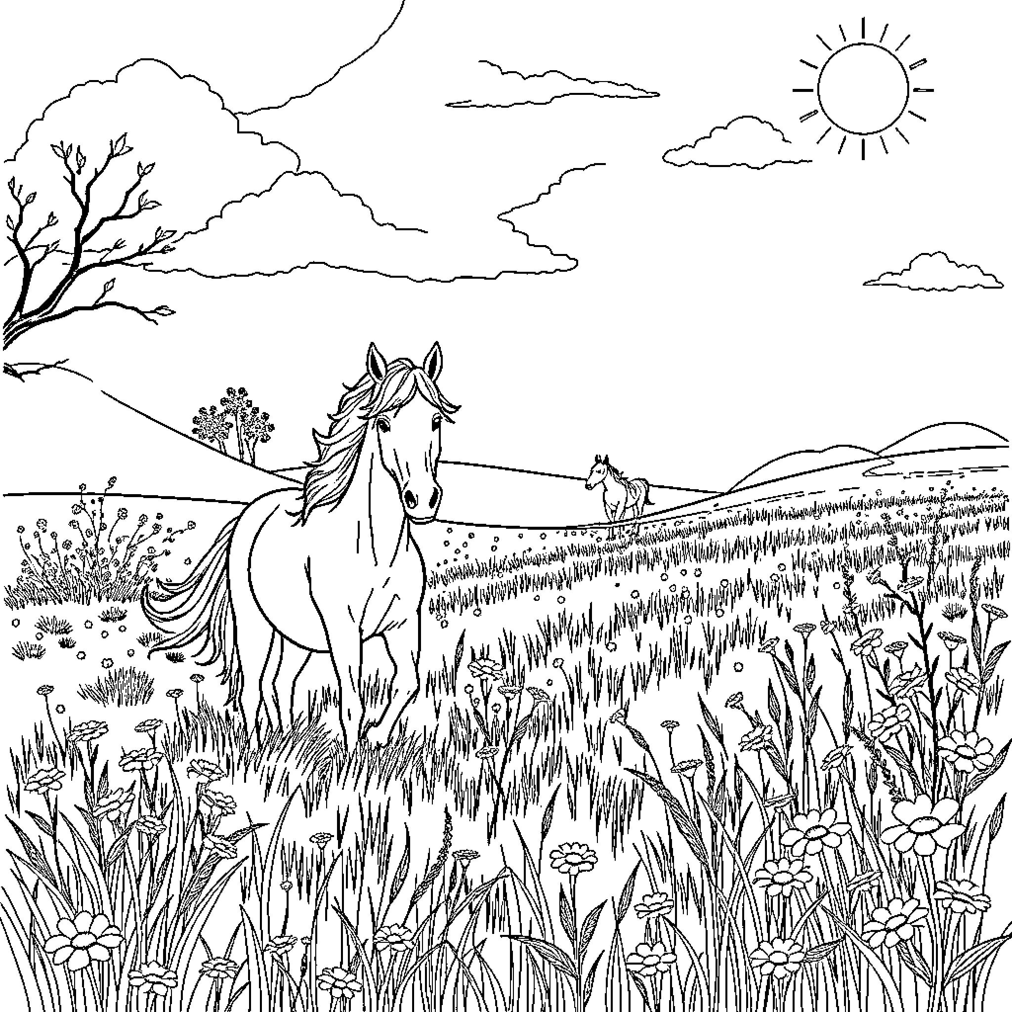 Horse grazing peacefully in a scenic meadow Coloring Page (free black-and-white line drawing printable PDF for all, from beginners to advanced learners, including children, teens, adults, and seniors)