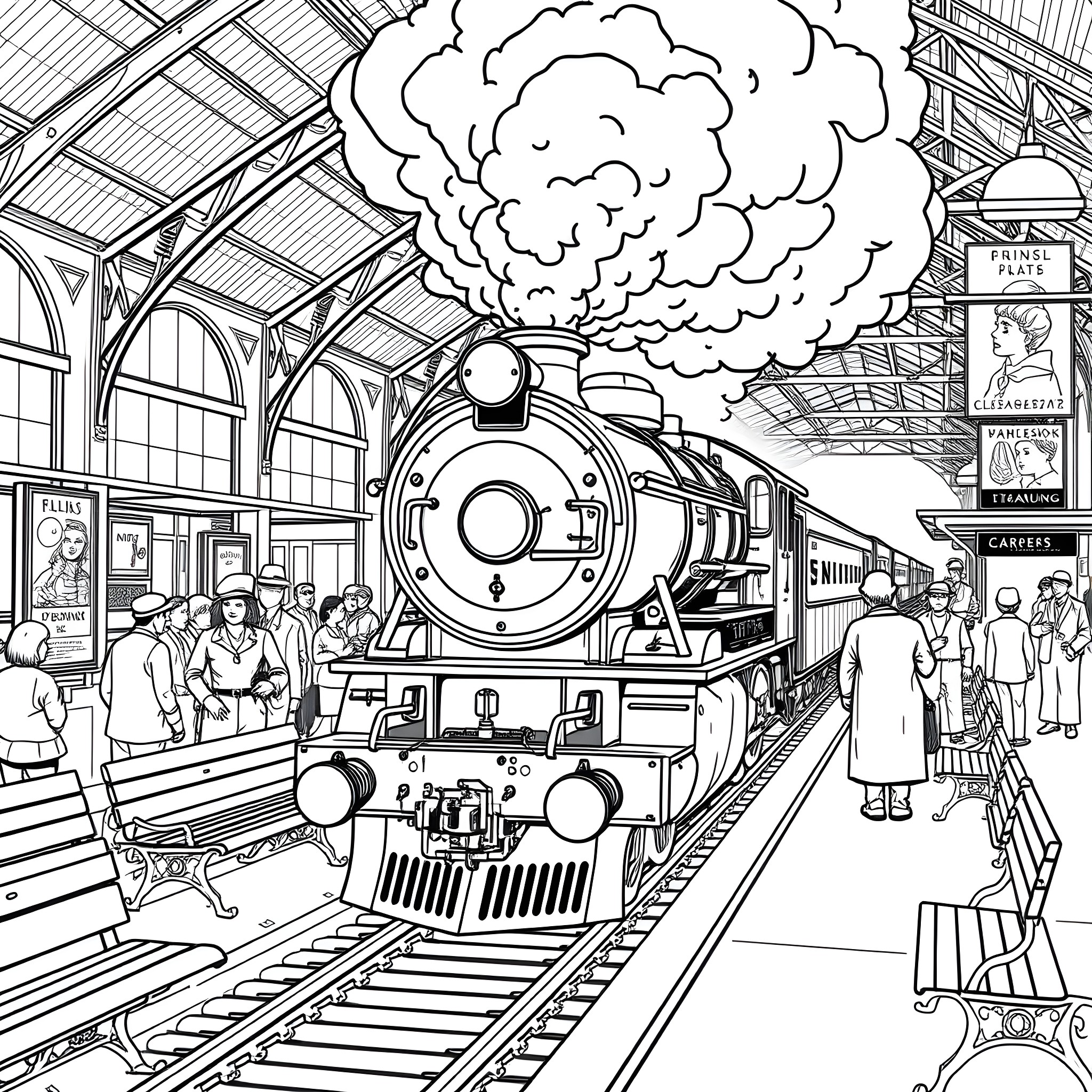 Train Passengers Awaiting Departure at the Station Coloring Page (free black-and-white line drawing printable PDF for all, from beginners to advanced learners, including children, teens, adults, and seniors)