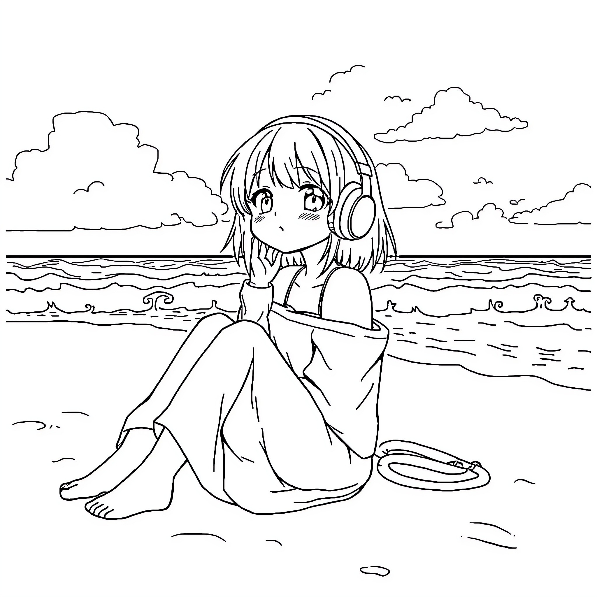 Kuromi listening to music by the ocean Coloring Page (free black-and-white line drawing printable PDF for all, from beginners to advanced learners, including children, teens, adults, and seniors)