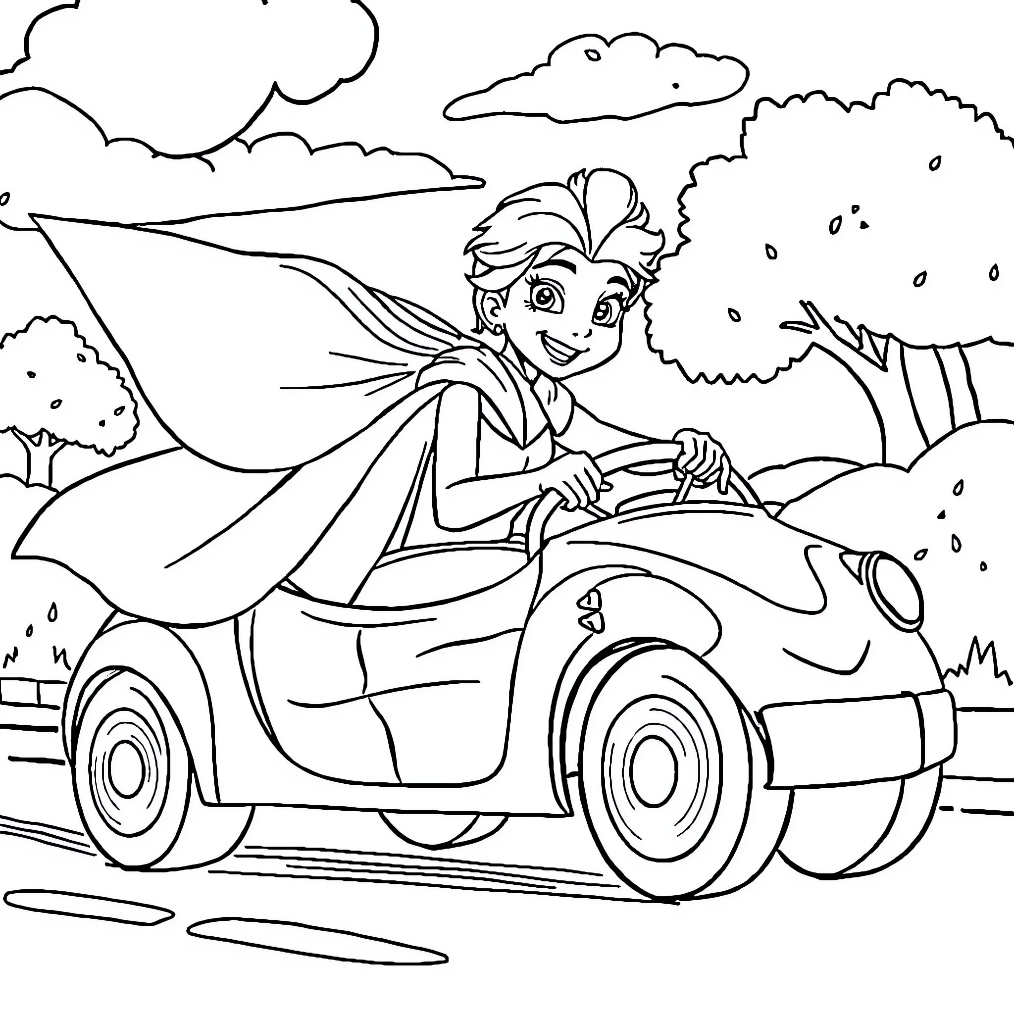 Elsa driving a car through a scenic landscape Coloring Page (free black-and-white line drawing printable PDF for all, from beginners to advanced learners, including children, teens, adults, and seniors)