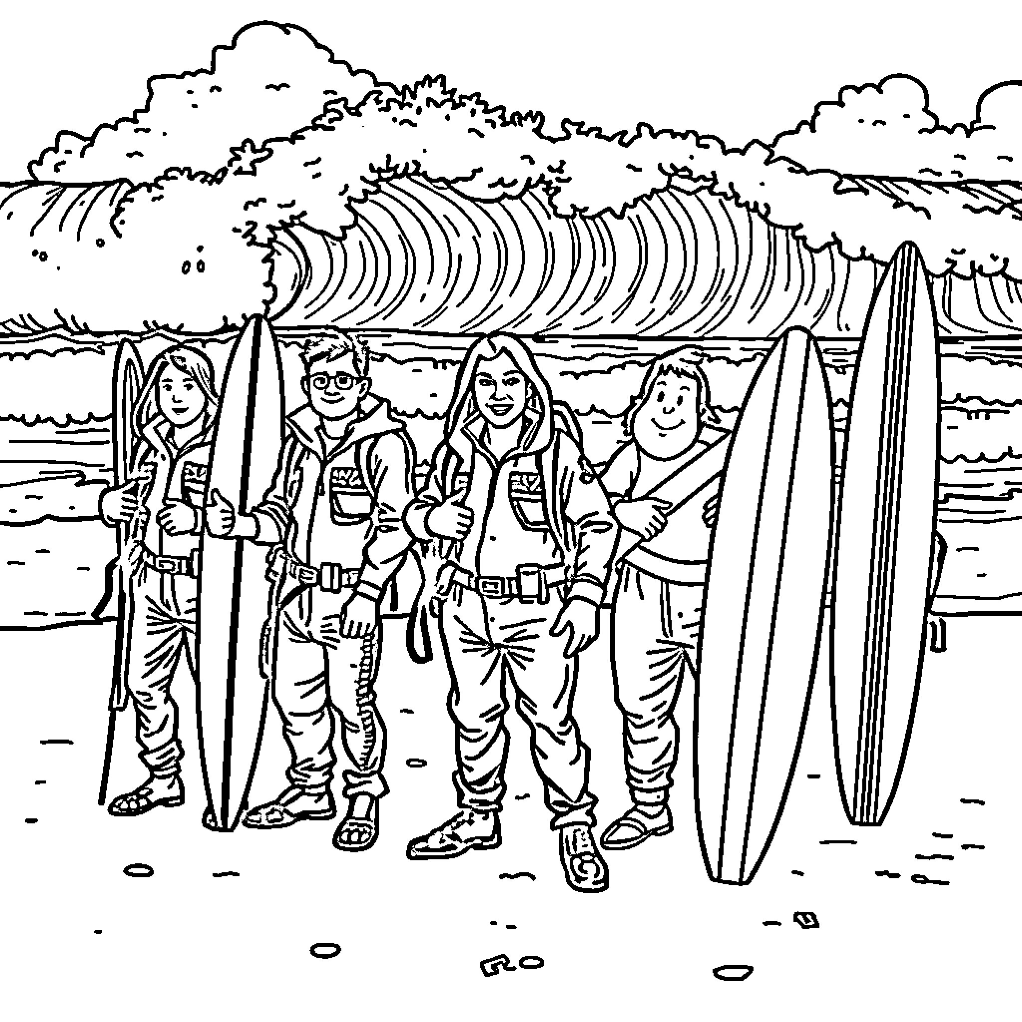 Ghostbusters surfing the big wave Coloring Page (free black-and-white line drawing printable PDF for all, from beginners to advanced learners, including children, teens, adults, and seniors)