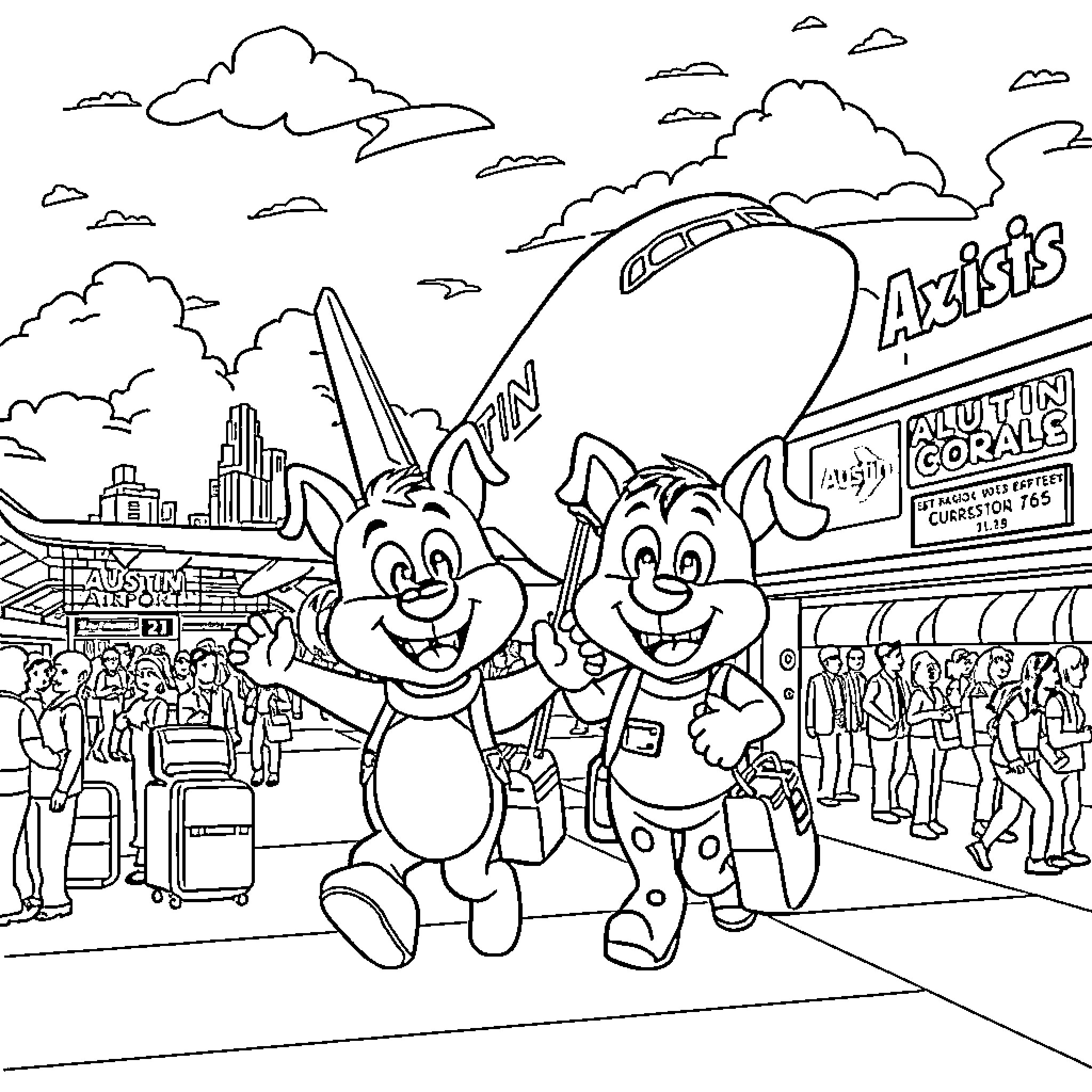 Bluey and Bingo explore the city together Coloring Page (free black-and-white line drawing printable PDF for all, from beginners to advanced learners, including children, teens, adults, and seniors)