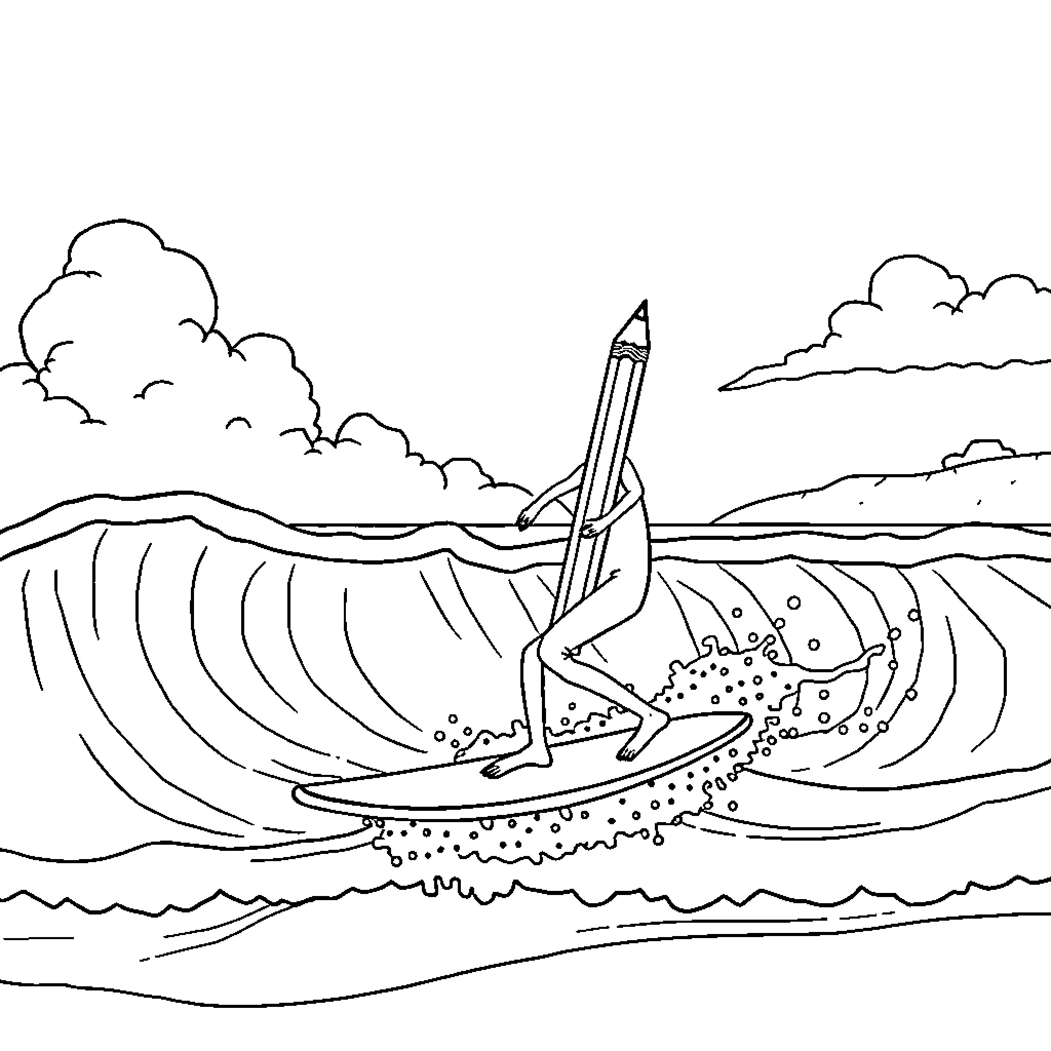 Pencil surfing the waves in a scenic landscape Coloring Page (free black-and-white line drawing printable PDF for all, from beginners to advanced learners, including children, teens, adults, and seniors)