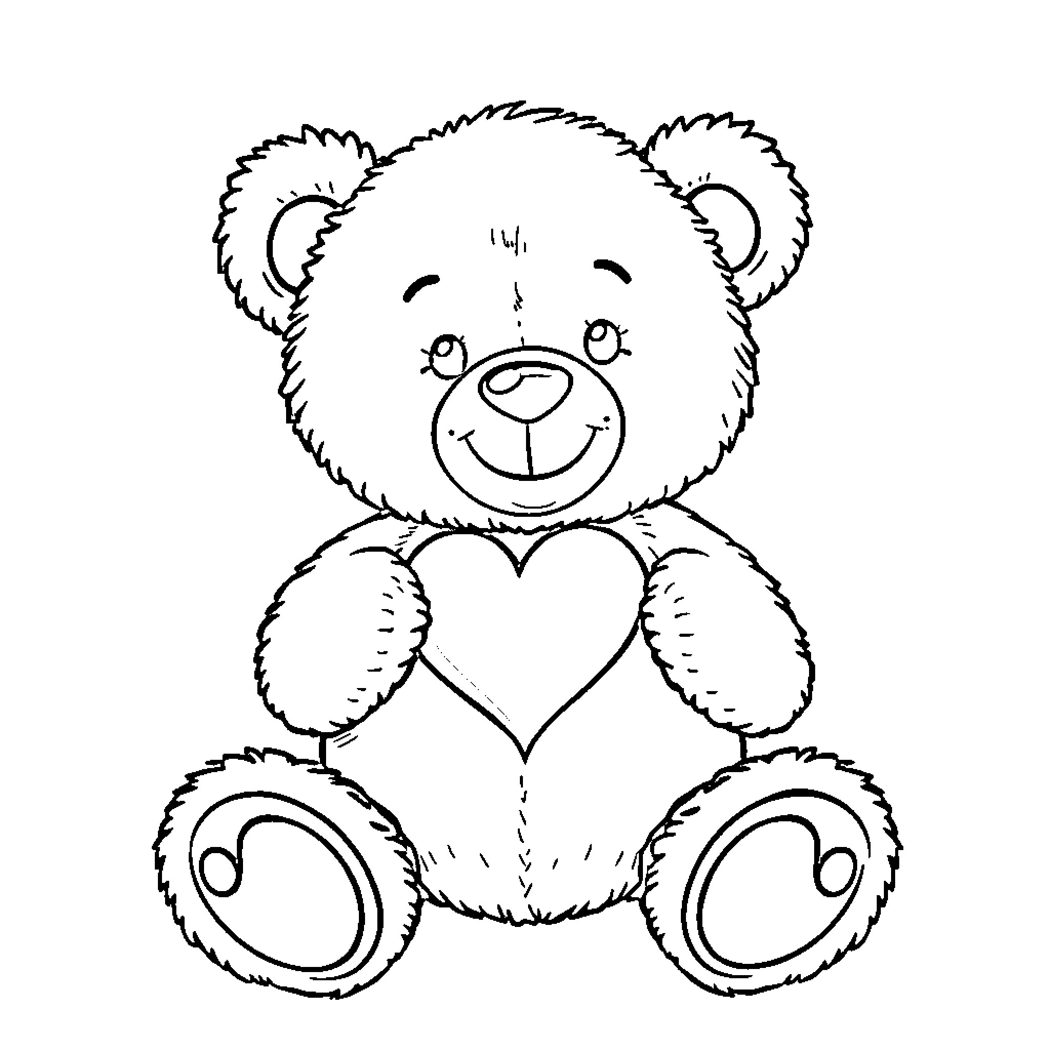 Teddy Bear Hugging a Heart Coloring Page (free black-and-white line drawing printable PDF for all, from beginners to advanced learners, including children, teens, adults, and seniors)