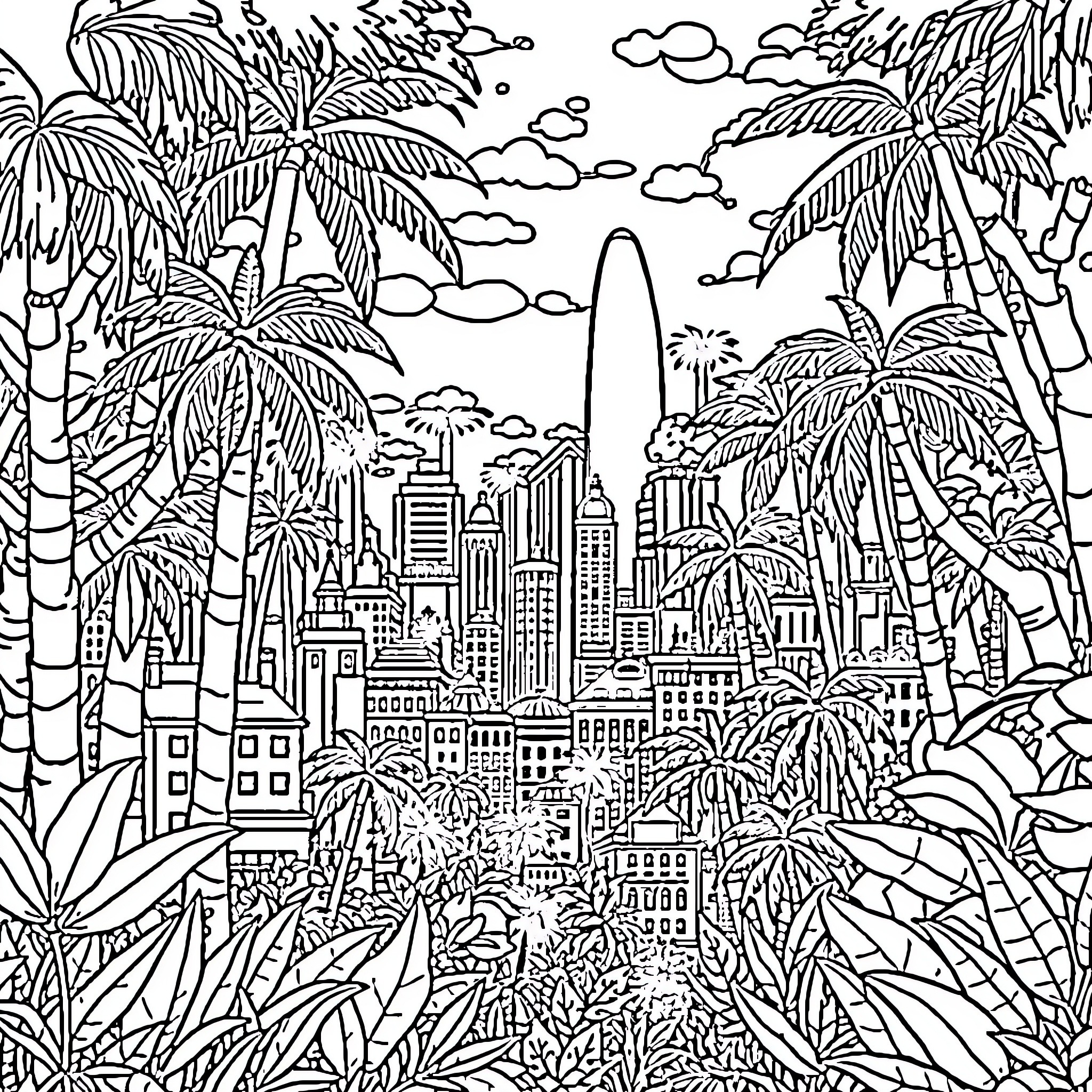 Jungle city skyline with palm trees and clouds Coloring Page (free black-and-white line drawing printable PDF for all, from beginners to advanced learners, including children, teens, adults, and seniors)