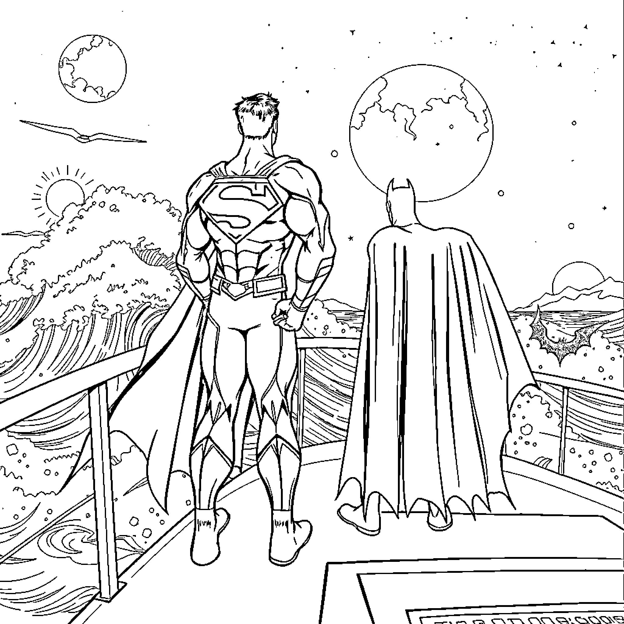 Superman heroically stands on a cliff overlooking the world Coloring Page (free black-and-white line drawing printable PDF for all, from beginners to advanced learners, including children, teens, adults, and seniors)