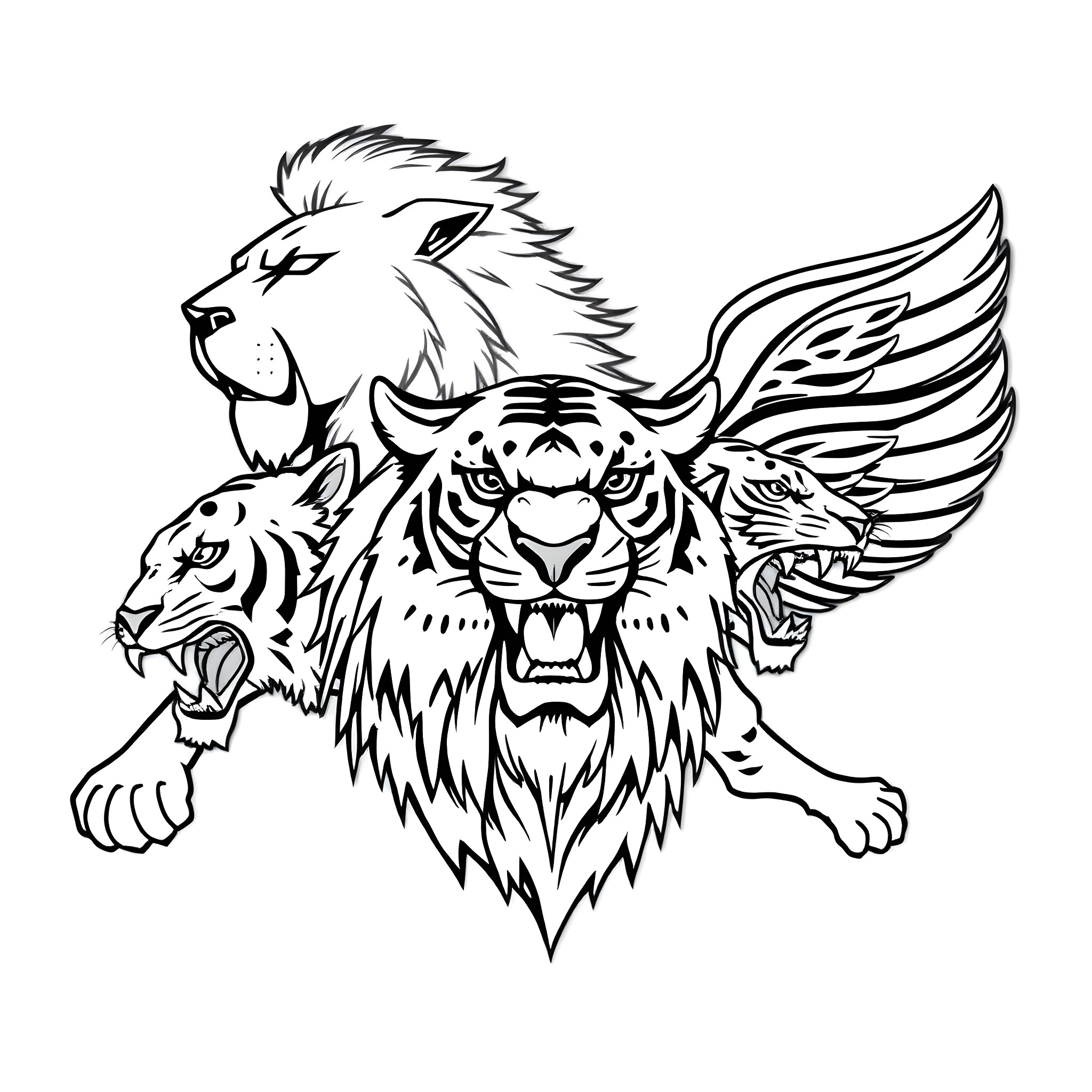 Logo of Mythical Winged Lion and Tiger Coloring Page (free black-and-white line drawing printable PDF for all, from beginners to advanced learners, including children, teens, adults, and seniors)