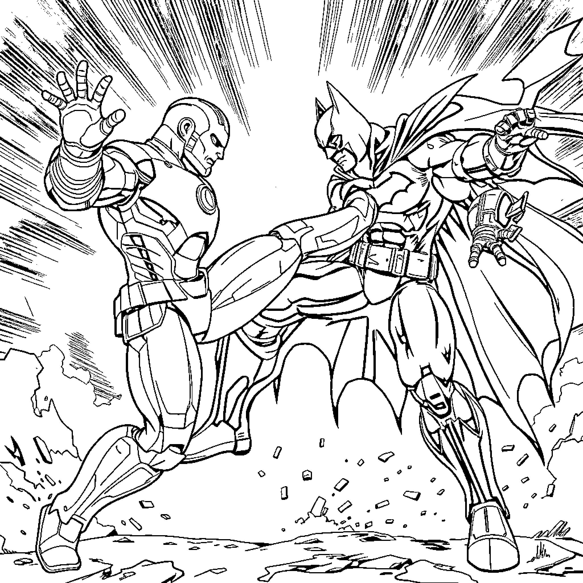 Iron Man and Batman Clash in Epic Superhero Battle Coloring Page (free black-and-white line drawing printable PDF for all, from beginners to advanced learners, including children, teens, adults, and seniors)