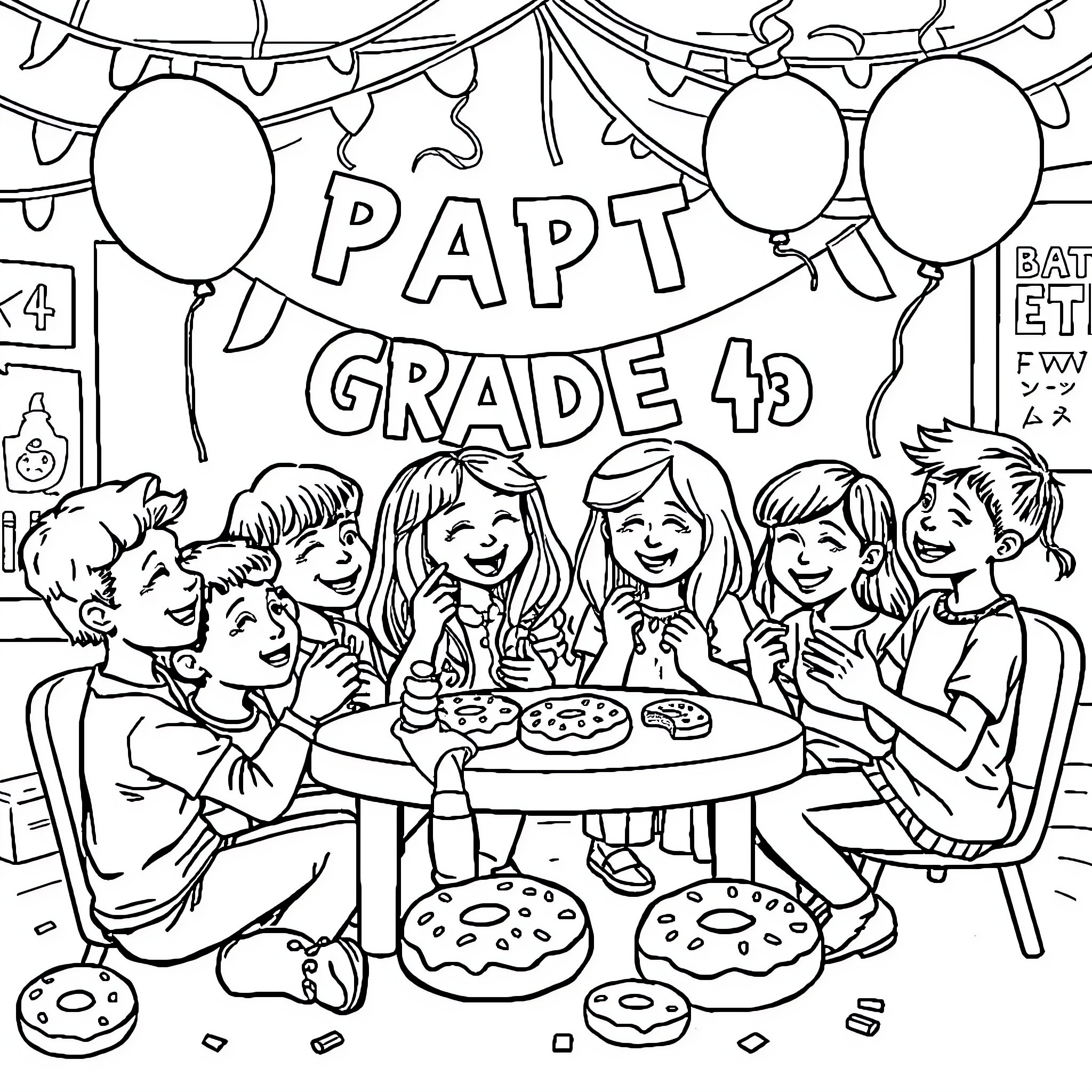 Donut Party for Grade 4 Students Coloring Page (free black-and-white line drawing printable PDF for all, from beginners to advanced learners, including children, teens, adults, and seniors)