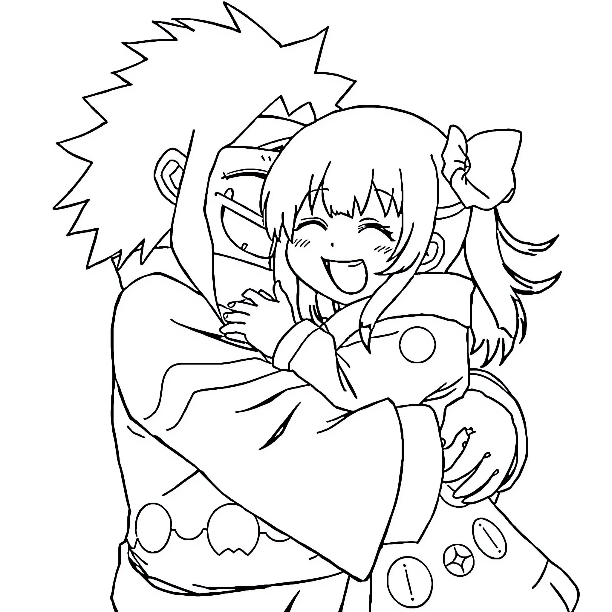 Jiraiya and his cheerful companion sharing a warm embrace Coloring Page (free black-and-white line drawing printable PDF for all, from beginners to advanced learners, including children, teens, adults, and seniors)