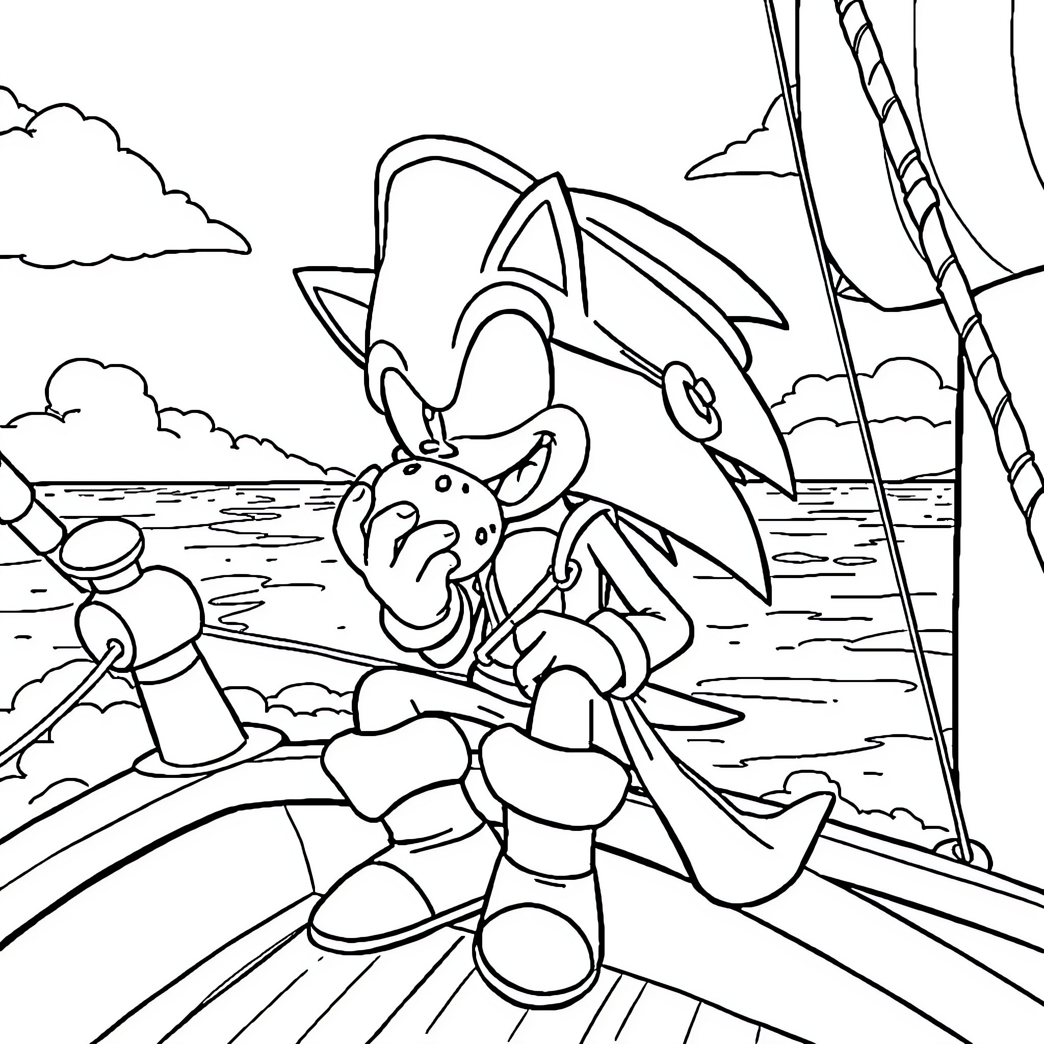 Sonic's adventurous journey on the beach Coloring Page (free black-and-white line drawing printable PDF for all, from beginners to advanced learners, including children, teens, adults, and seniors)