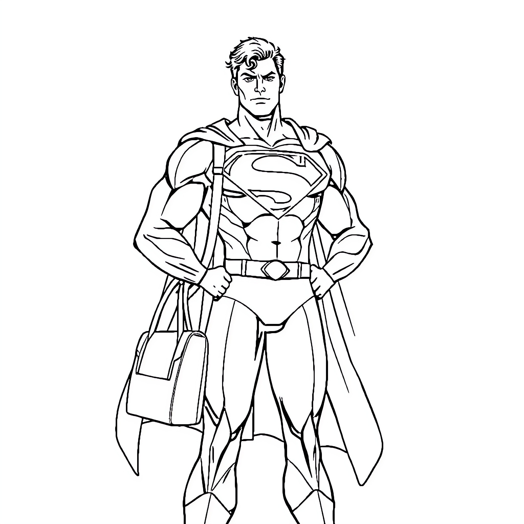 Superman in heroic pose with cape and outfit Coloring Page (free black-and-white line drawing printable PDF for all, from beginners to advanced learners, including children, teens, adults, and seniors)