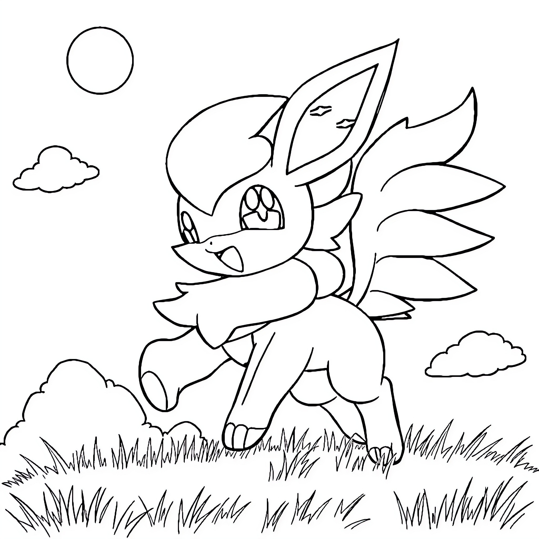 Shaymin frolicking in a grassy field Coloring Page (free black-and-white line drawing printable PDF for all, from beginners to advanced learners, including children, teens, adults, and seniors)