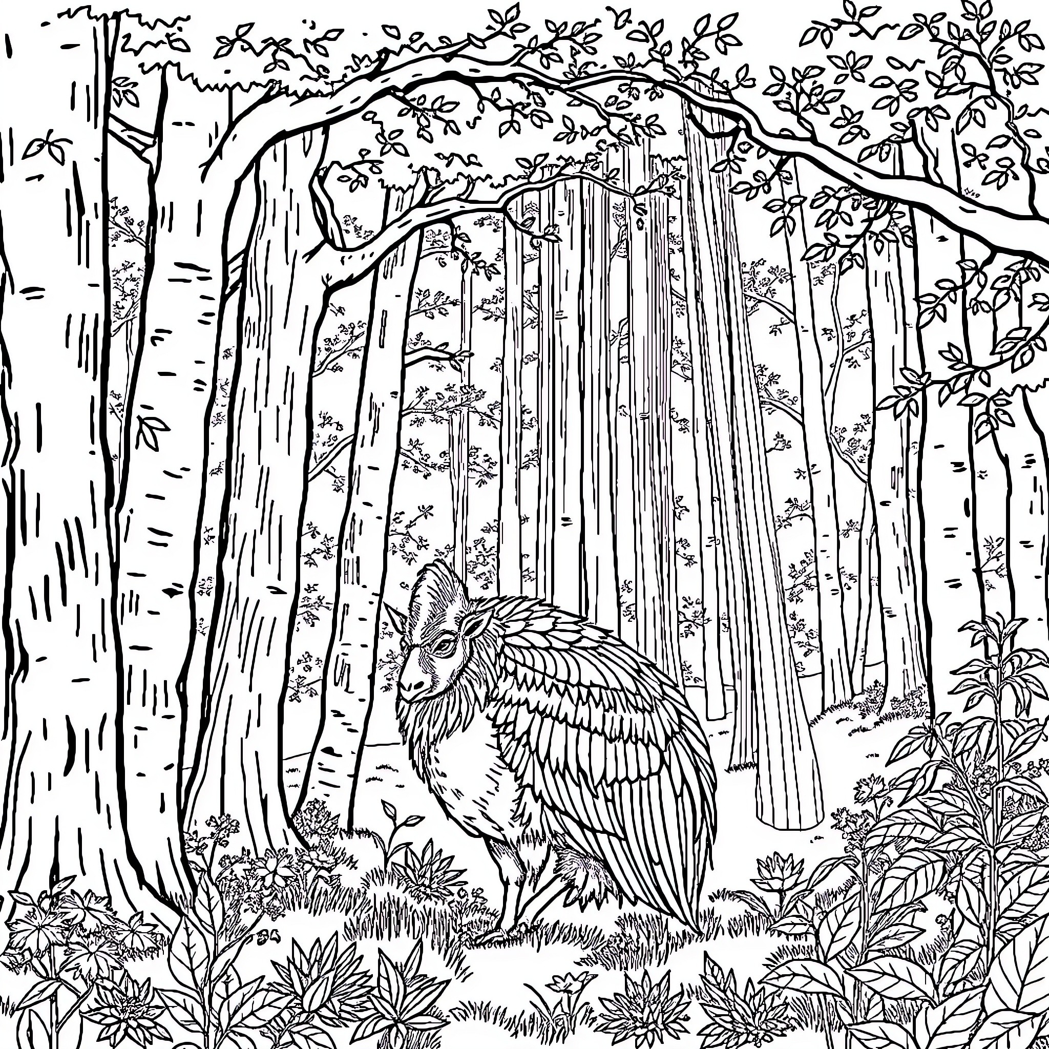 Hirsch taking in the serene forest scenery Coloring Page (free black-and-white line drawing printable PDF for all, from beginners to advanced learners, including children, teens, adults, and seniors)