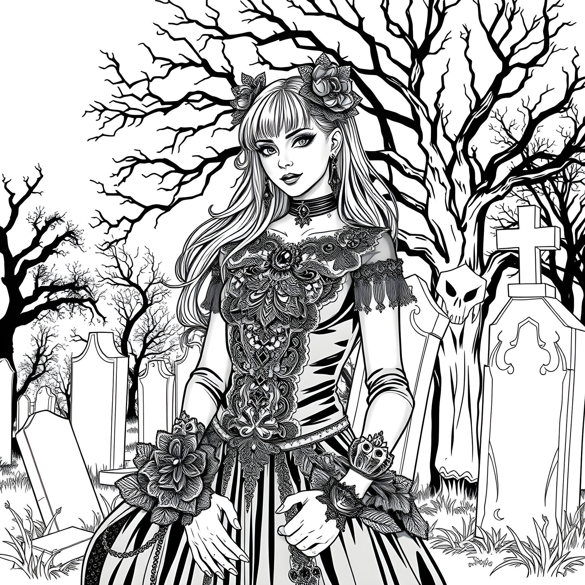 Goth Girl in Enchanted Cemetery Coloring Page (free black-and-white line drawing printable PDF for all, from beginners to advanced learners, including children, teens, adults, and seniors)