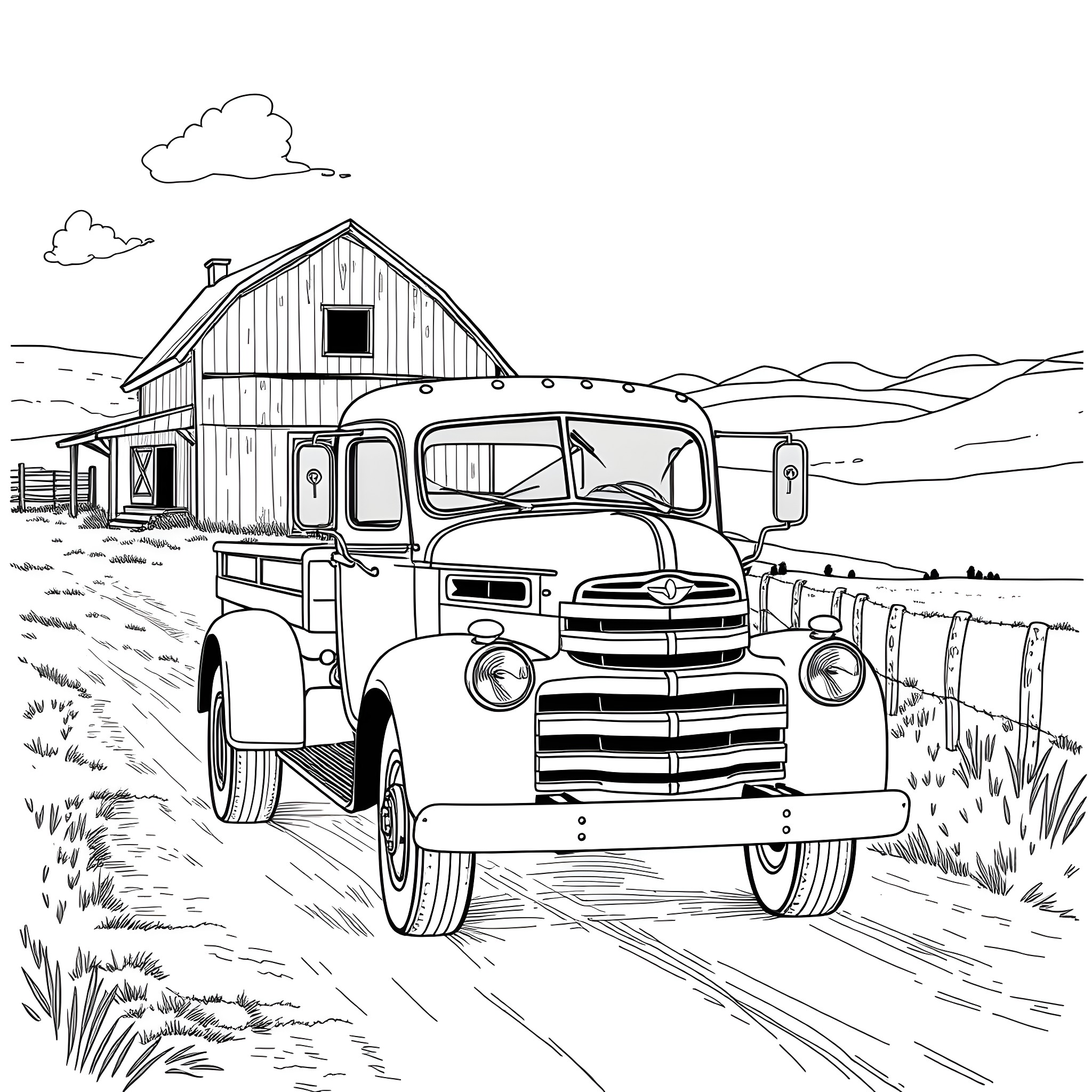 Truck parked near a rustic barn in a rural landscape Coloring Page (free black-and-white line drawing printable PDF for all, from beginners to advanced learners, including children, teens, adults, and seniors)